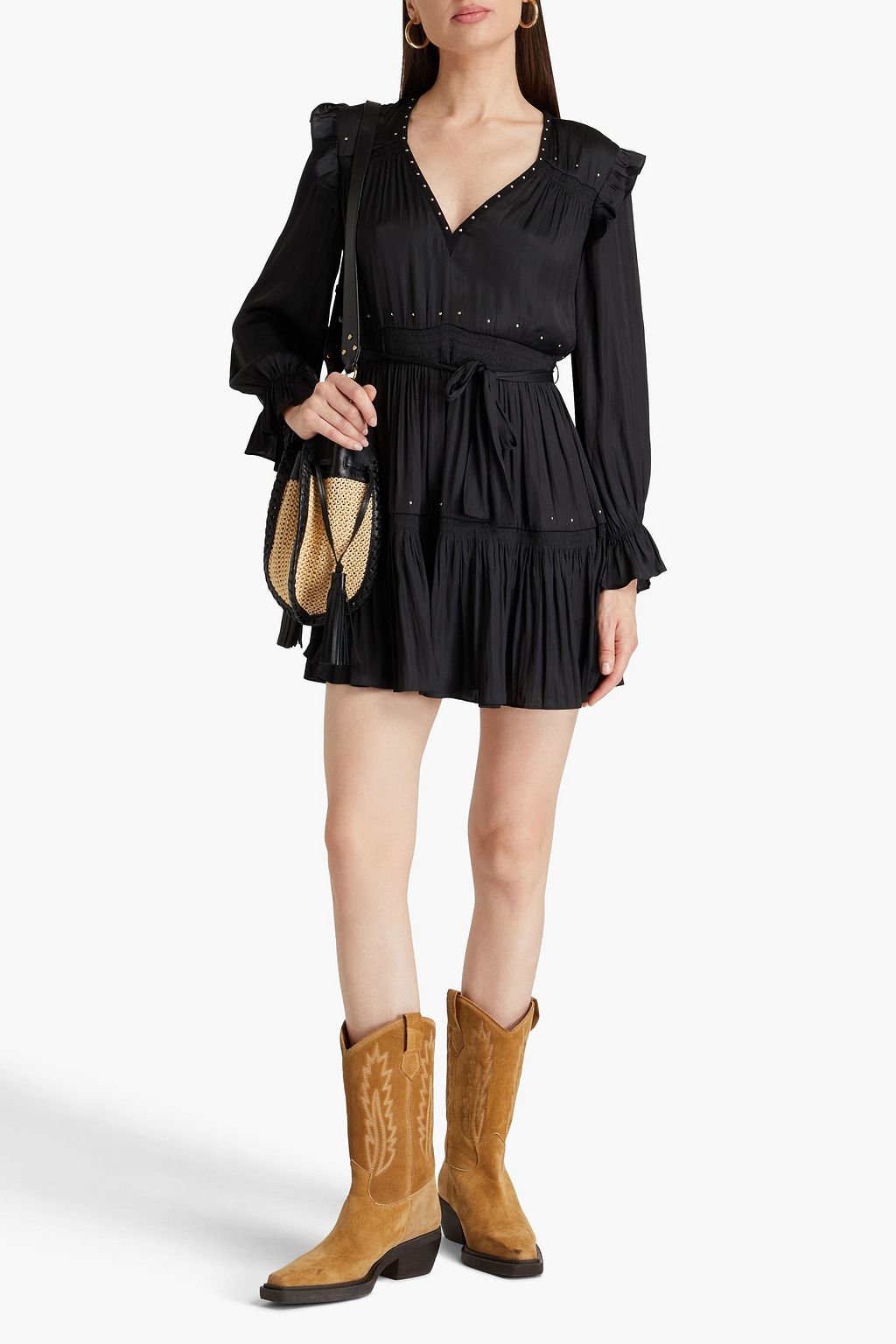 MAJE Tiered studded satin mini dress