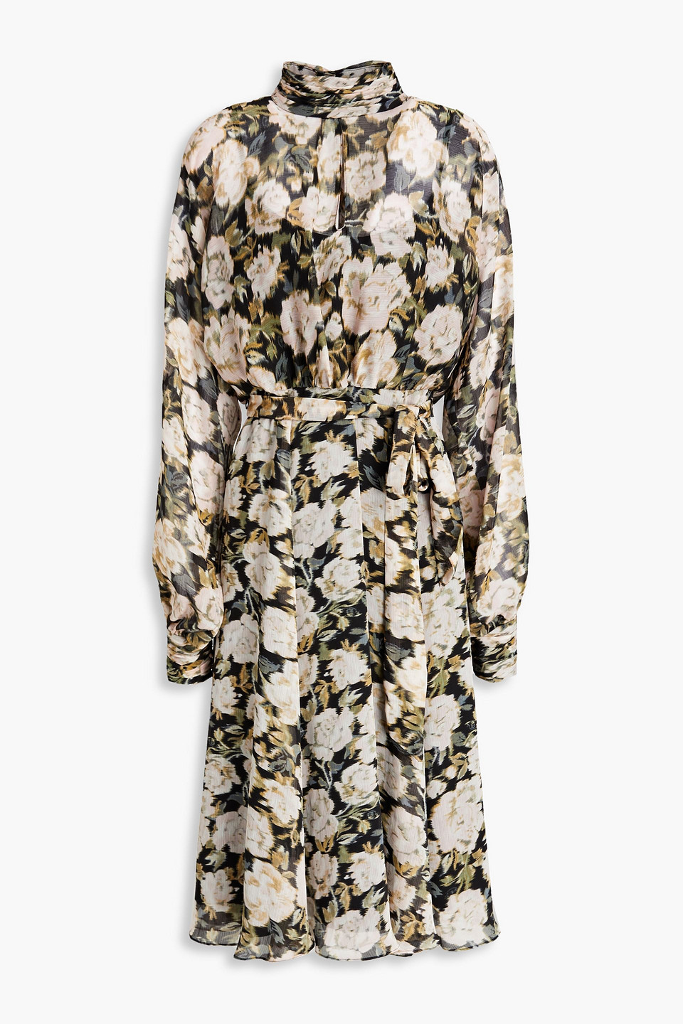 Gathered floral-print crepon midi dress