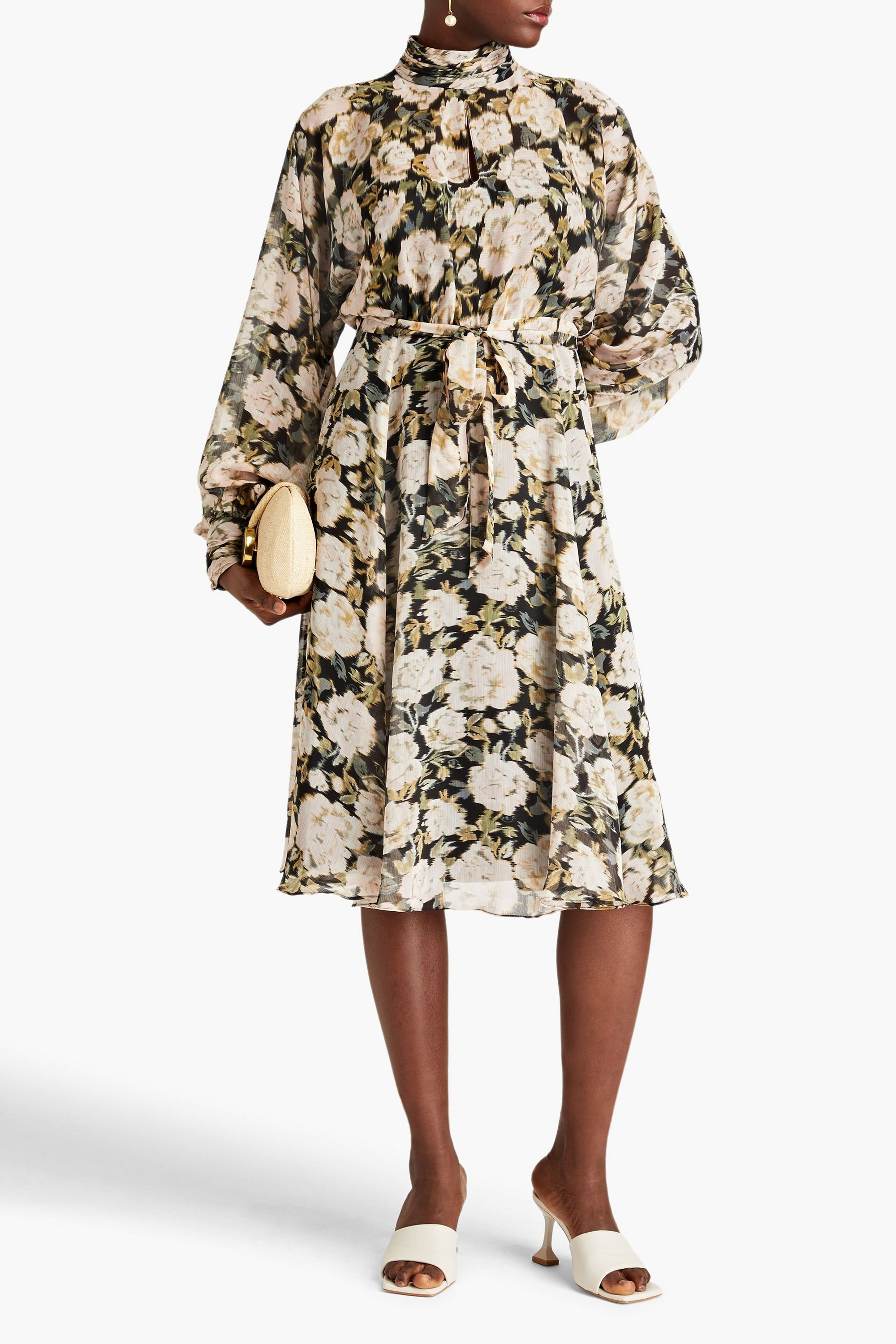 MIKAEL AGHAL Gathered floral-print crepon midi dress