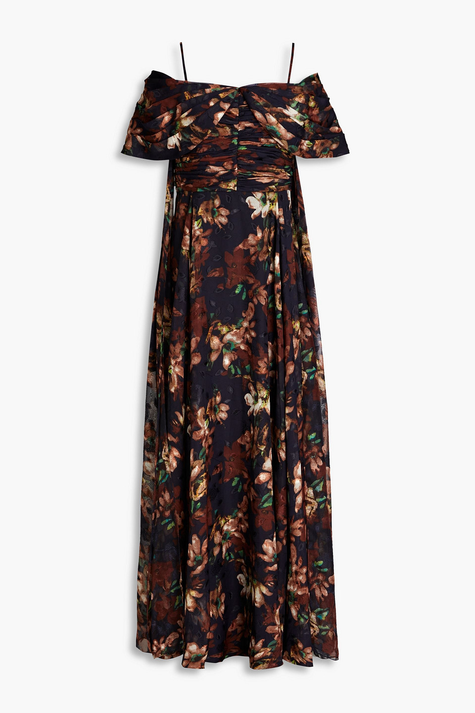 Mikael Aghal Cold-shoulder Floral-print Fil Coupé Maxi Dress In Navy