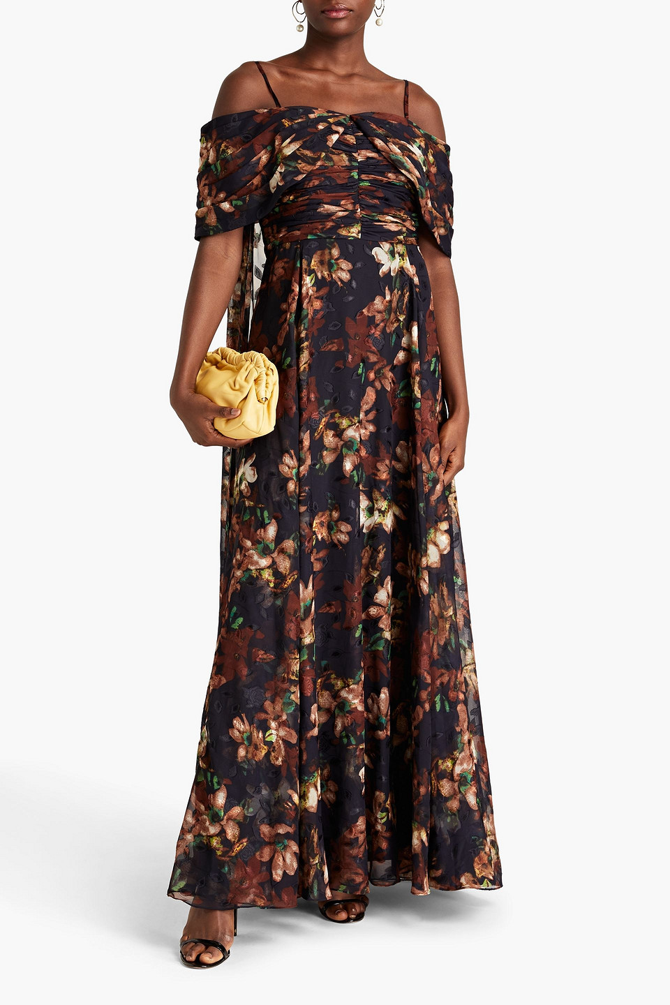 Shop Mikael Aghal Cold-shoulder Floral-print Fil Coupé Maxi Dress In Navy