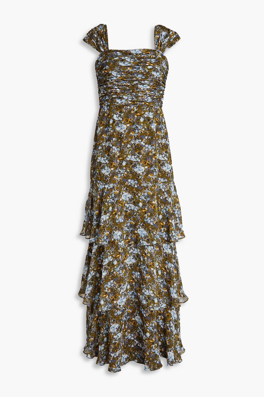 Tiered printed crepe de chine maxi dress light blue US 2