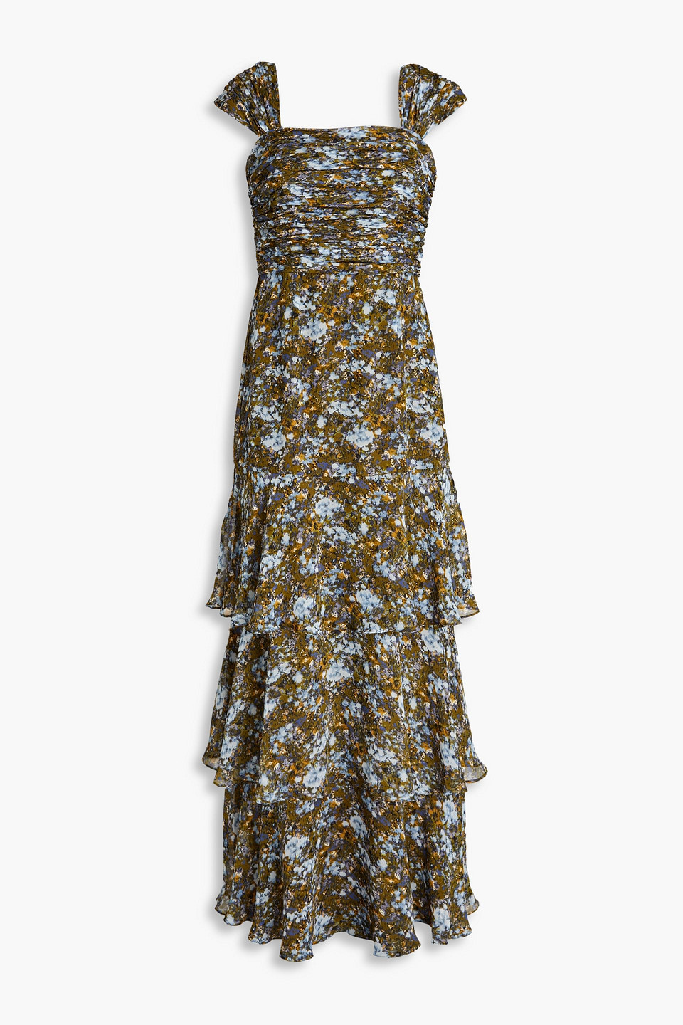 Mikael Aghal Tiered Gathered Printed Crepe De Chine Maxi Dress In Light Blue