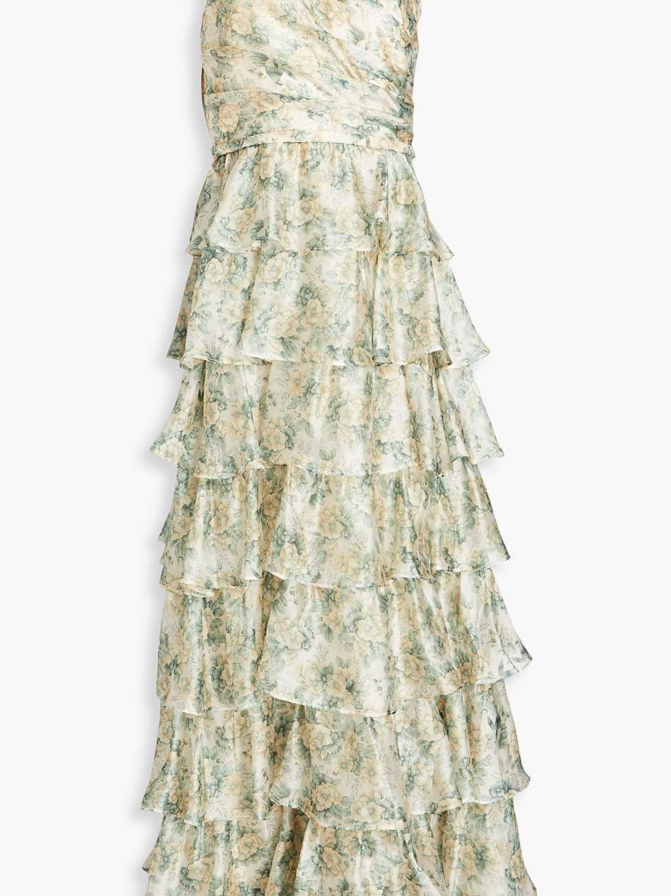 one-shoulder tiered floral-print crepe de chine gown
