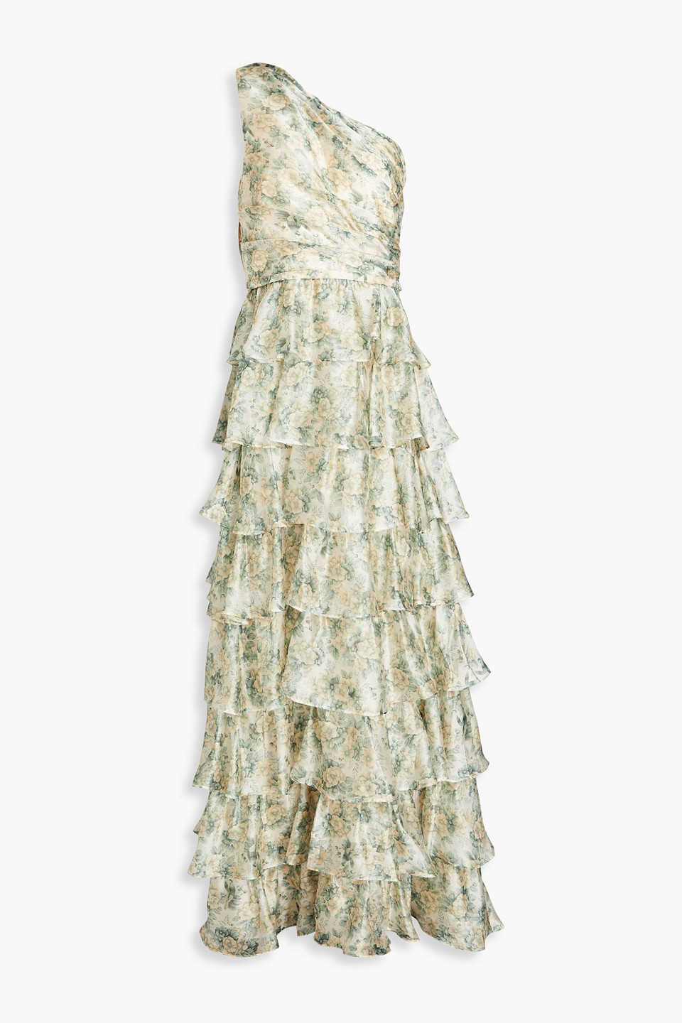 Mikael Aghal One-shoulder Tiered Floral-print Crepe De Chine Gown In Pastel Yellow