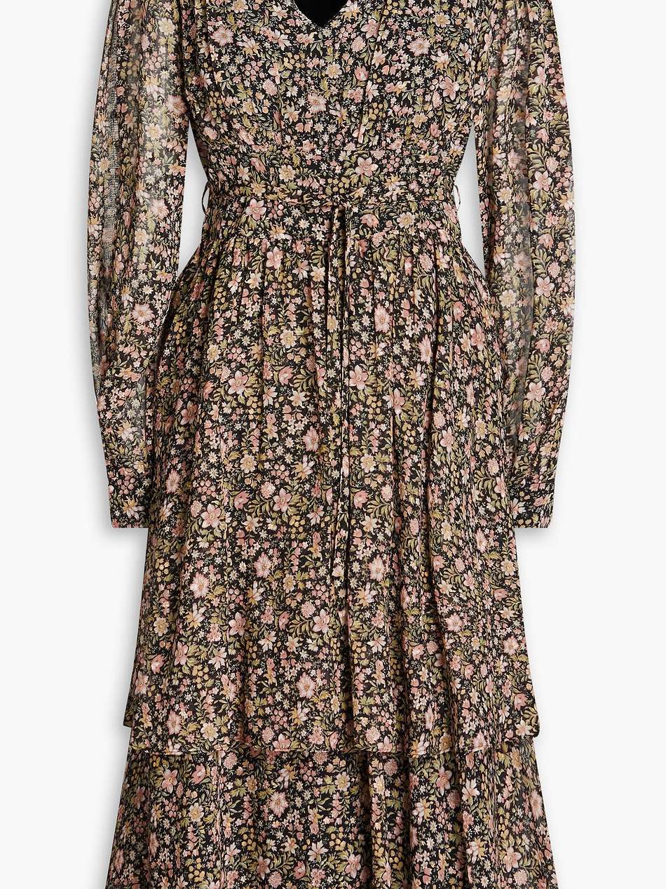 tiered floral-print metallic fil coupé chiffon midi dress