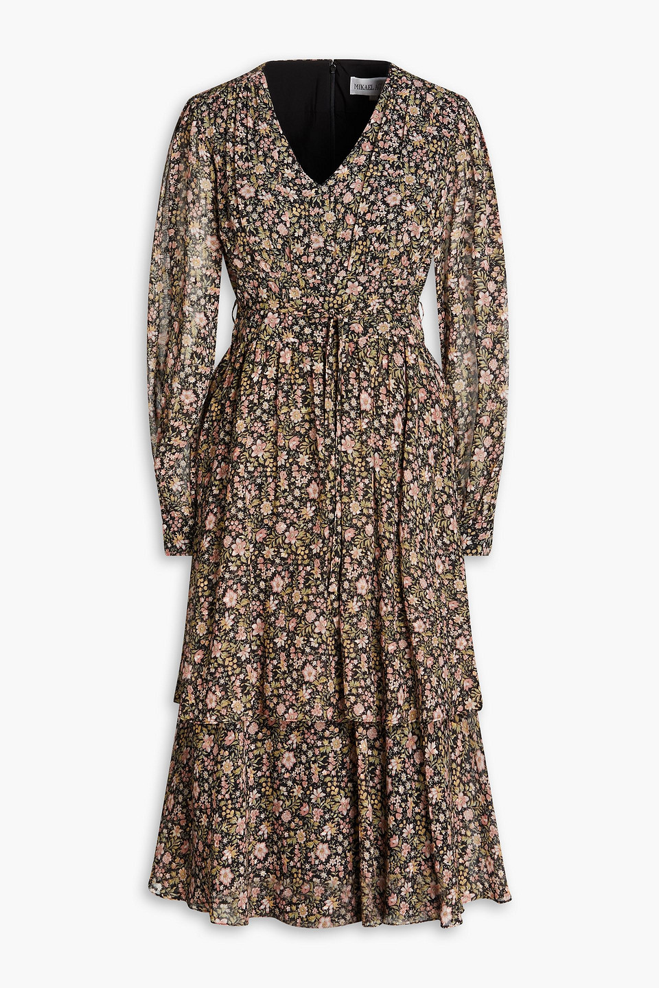 Tiered floral-print metallic fil coupé chiffon midi dress