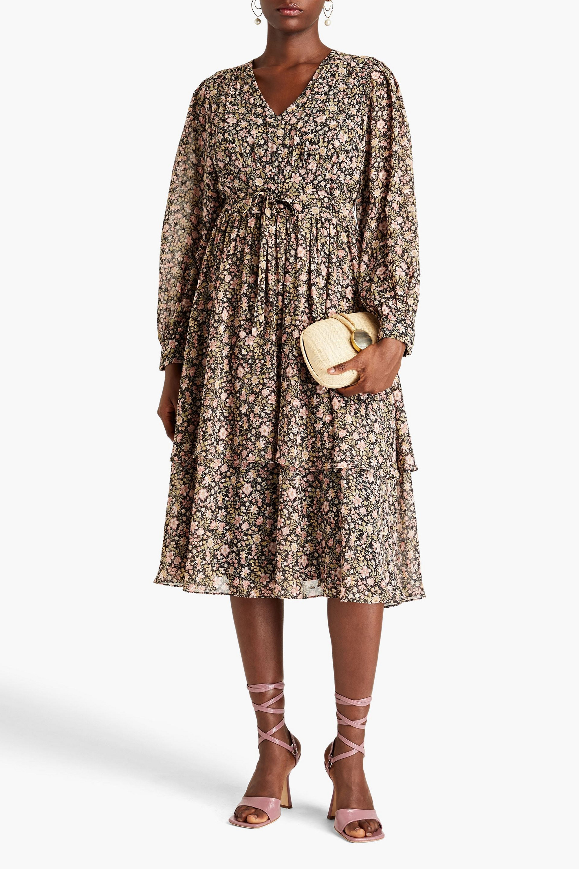 MIKAEL AGHAL Tiered floral-print metallic fil coupé chiffon midi dress