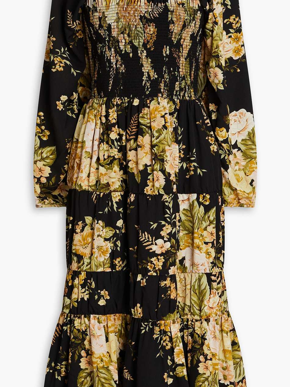 off-the-shoulder gathered floral-print crepe midi dress