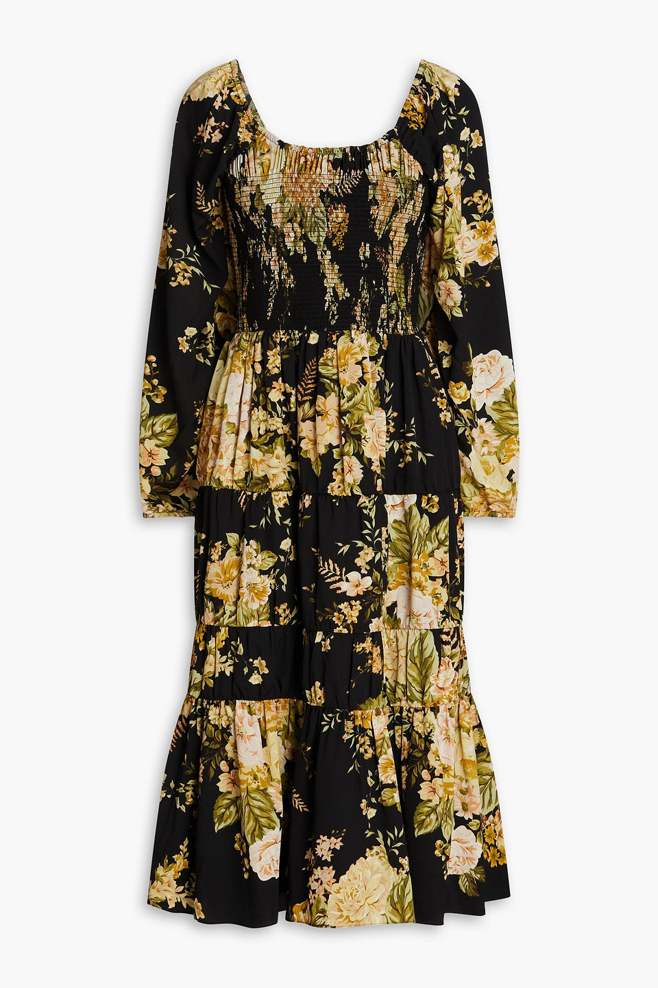 Mikael Aghal Off-the-shoulder Gathered Floral-print Crepe Midi Dress In Black