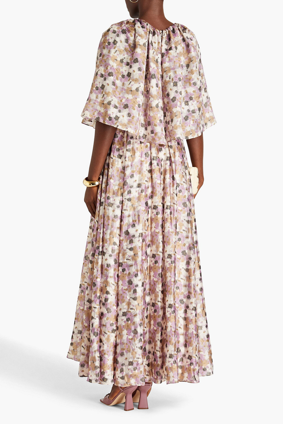 Shop Mikael Aghal Gathered Floral-print Fil Coupé Chiffon Maxi Dress In Lilac