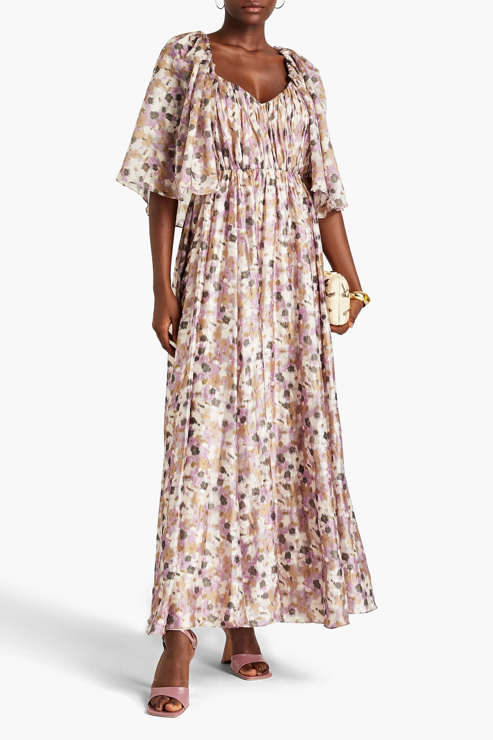 Shop Mikael Aghal Gathered Floral-print Fil Coupé Chiffon Maxi Dress In Lilac