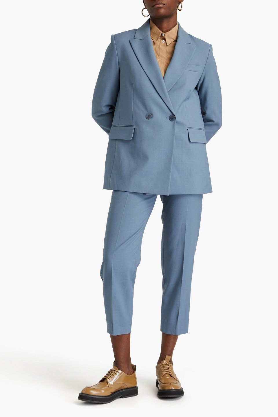Maje Double-breasted Twill Blazer In Schieferblau