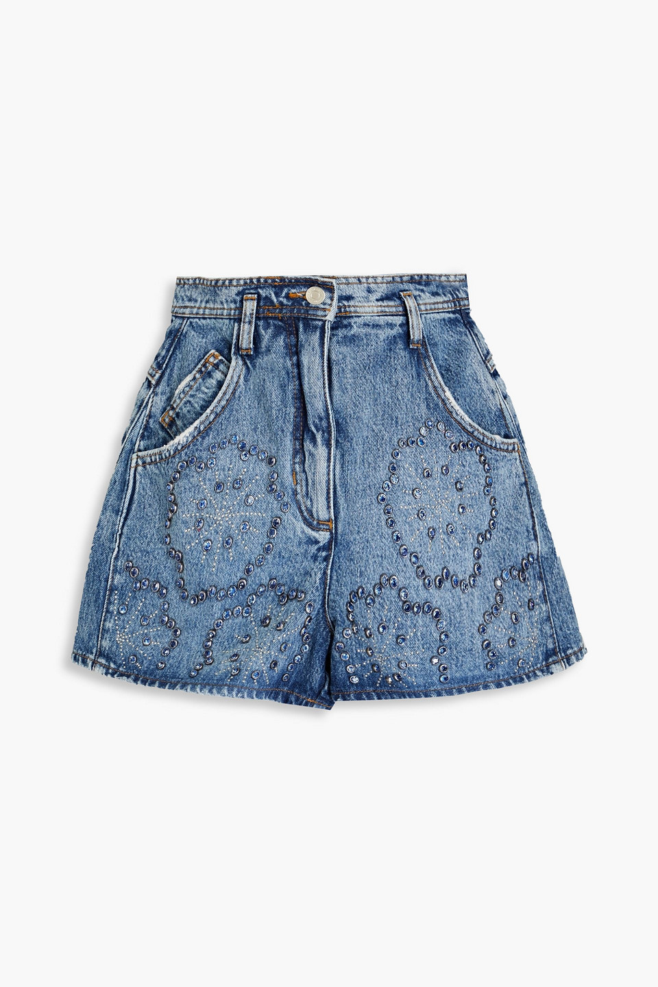 Maje Crystal-embellished Denim Shorts In Mid Denim