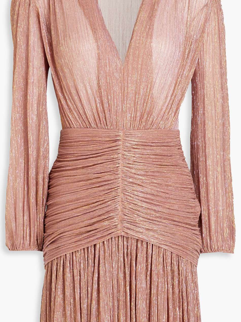ruched metallic mesh mini dress