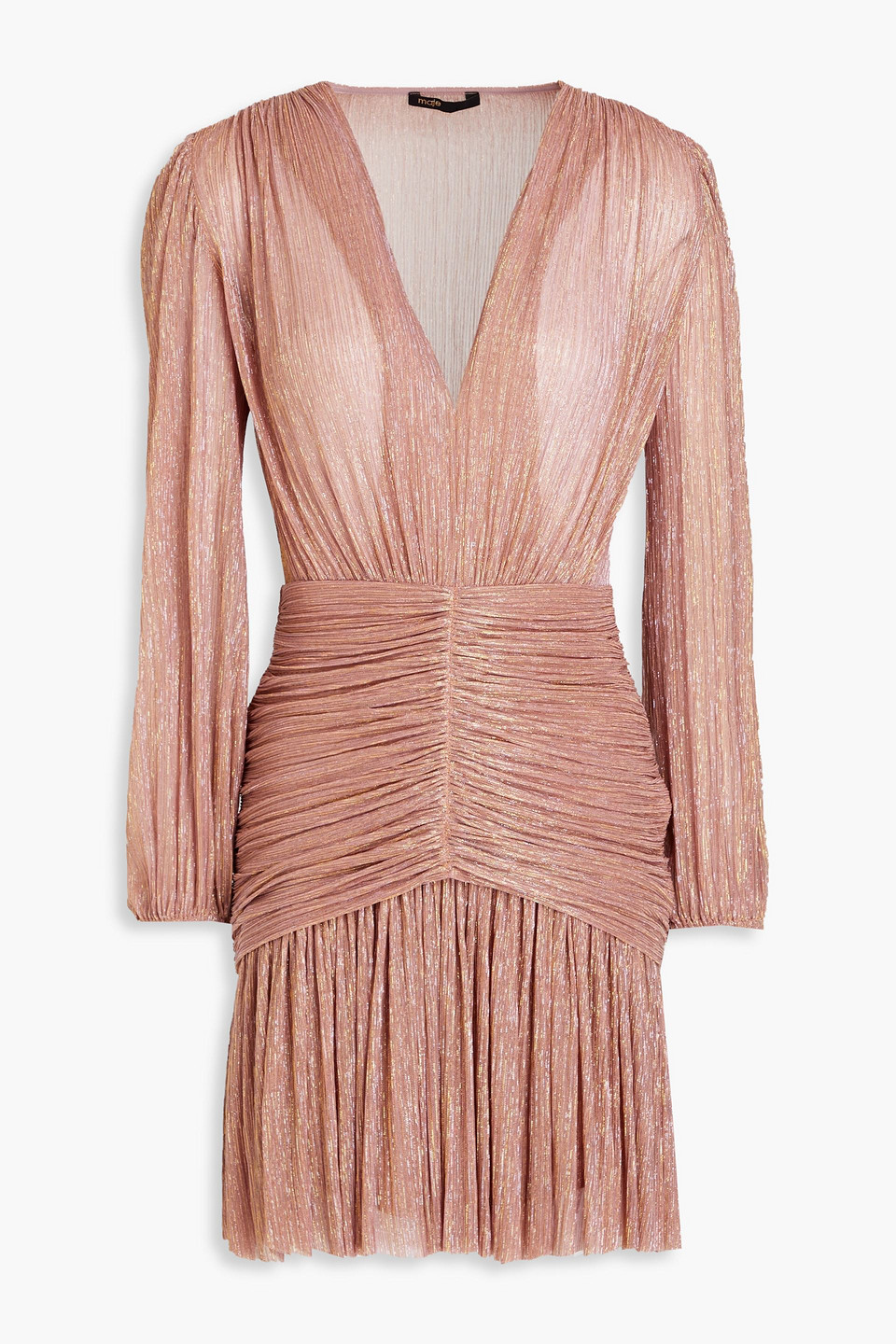 Maje Rosina Ruched Metallic Mesh Mini Dress In Baby Pink