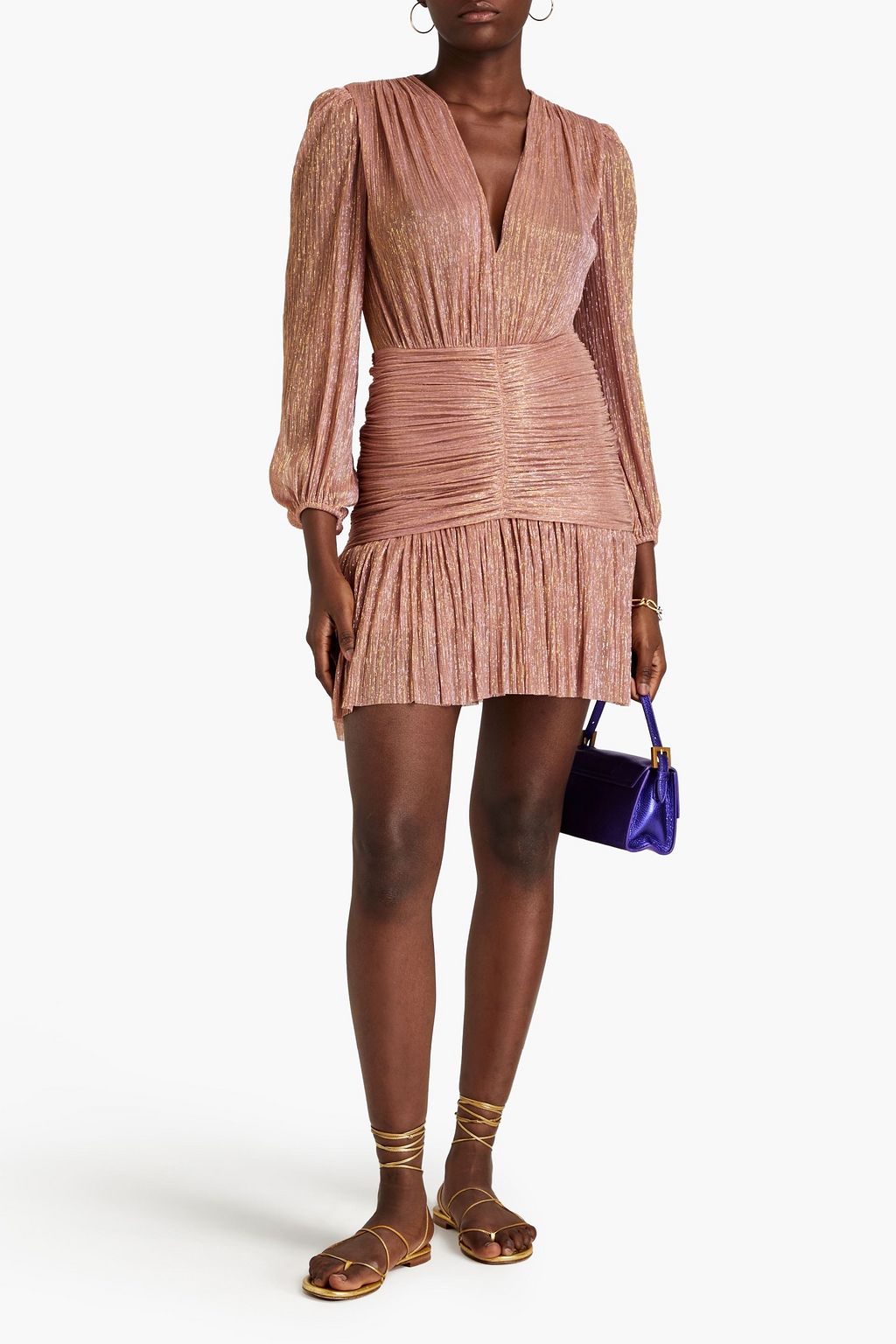 MAJE Ruched metallic mesh mini dress