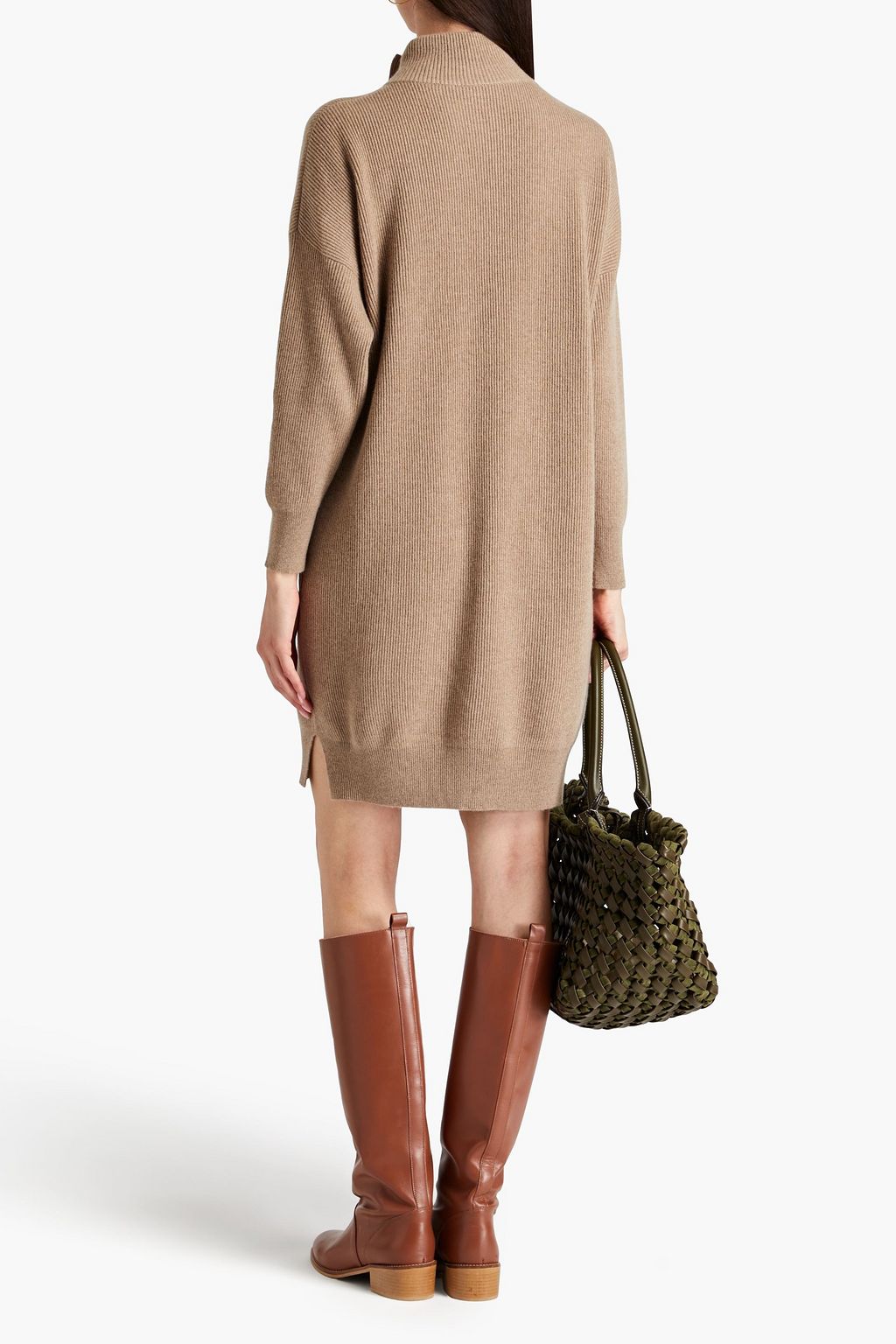 BRUNELLO CUCINELLI Minikleid aus geripptem Kaschmir mit Zierperlen und Stehkragen