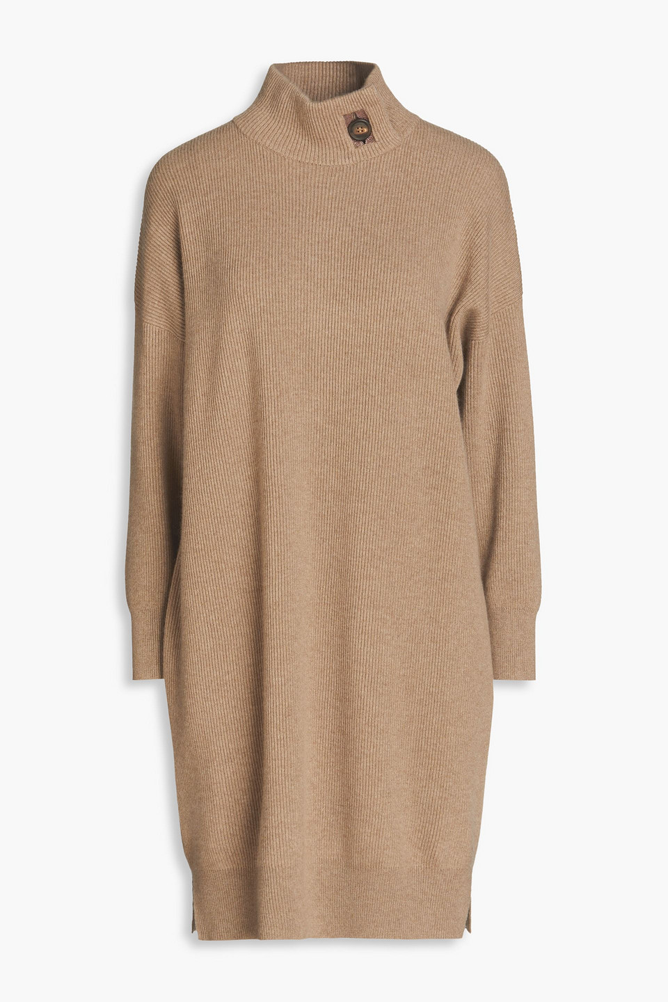 Bead-embellished ribbed cashmere turtleneck mini dress