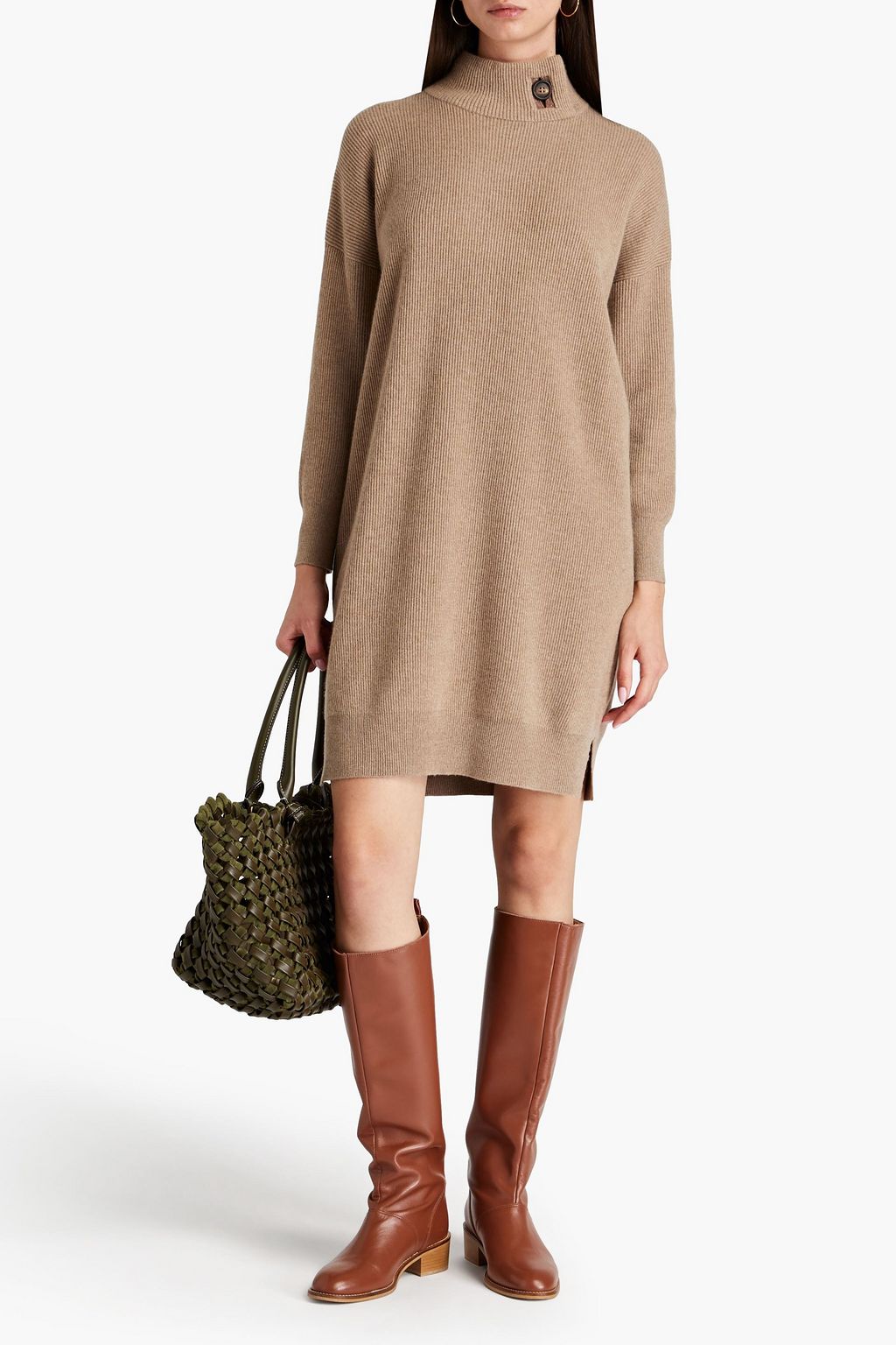 BRUNELLO CUCINELLI Minikleid aus geripptem Kaschmir mit Zierperlen und Stehkragen