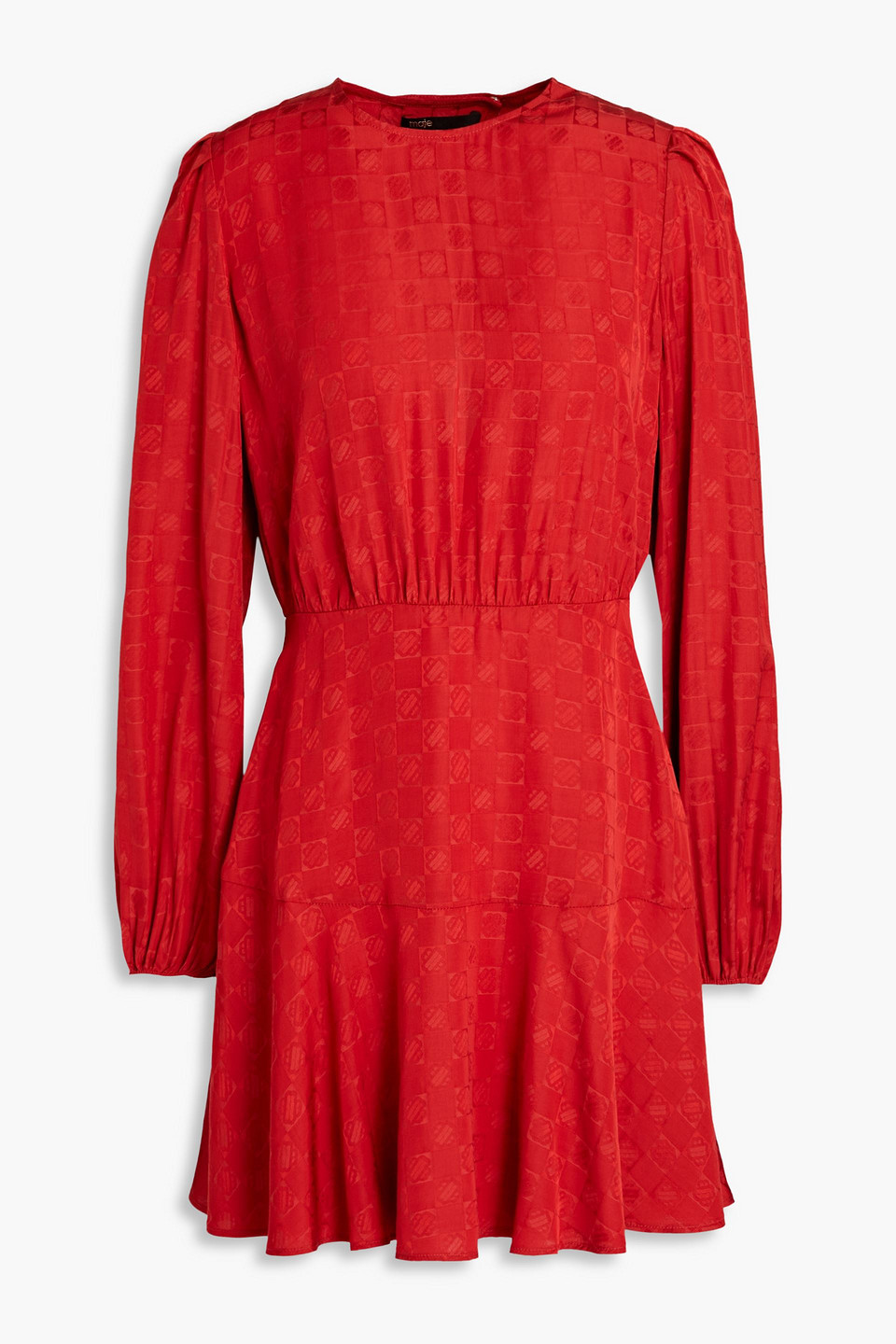 Maje Romasy Gathered Satin-jacquard Mini Dress In Crimson