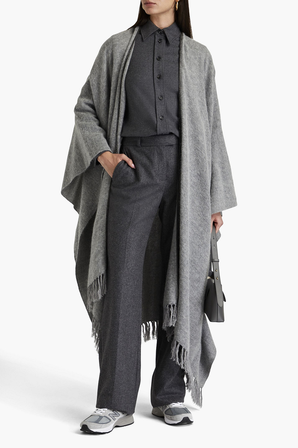 BRUNELLO CUCINELLI FRINGED BEAD-EMBELLISHED FELT CAPE