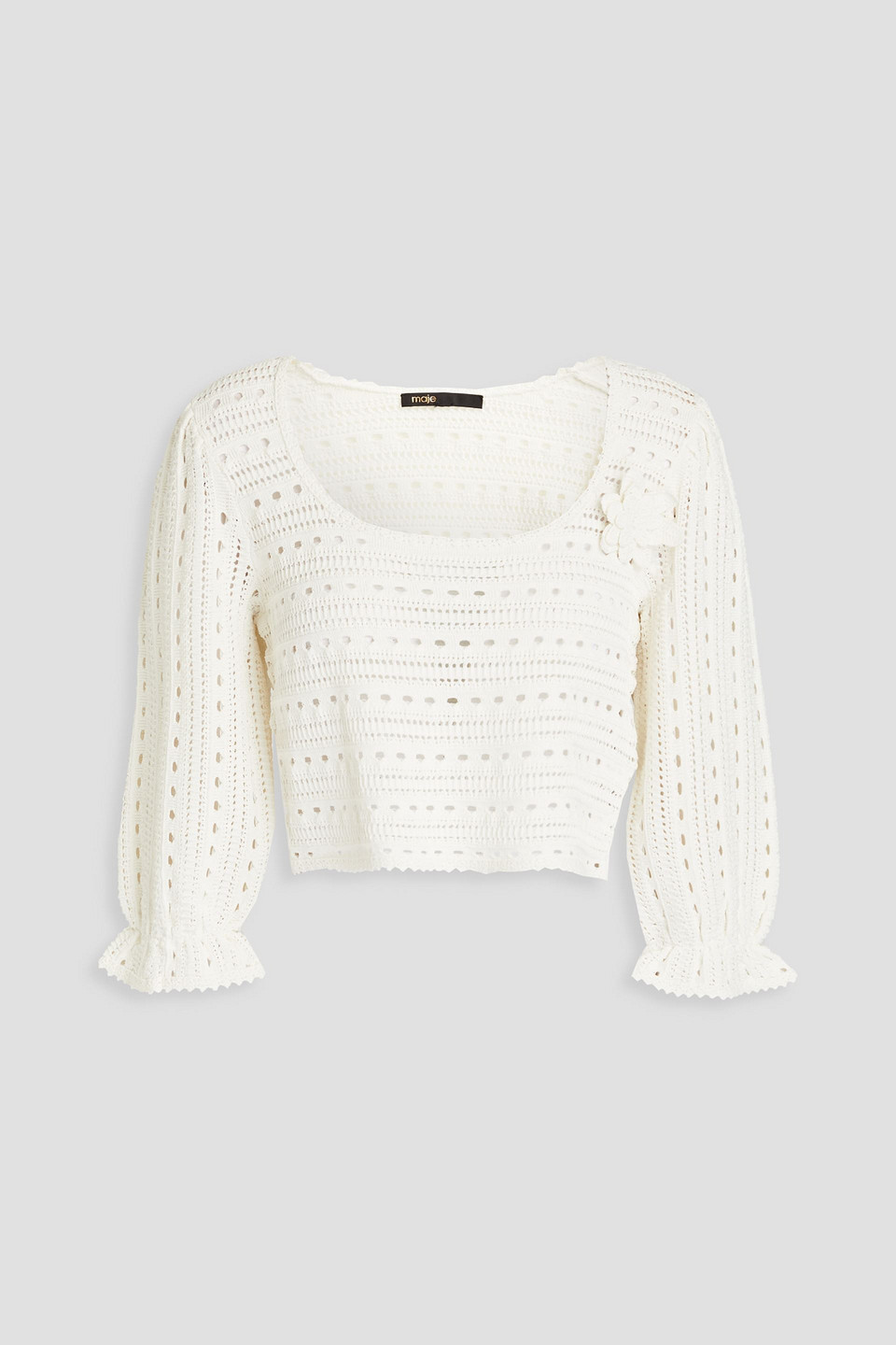 Maje Marcia Cropped Embellished Crochet-knit Sweater In Ivory