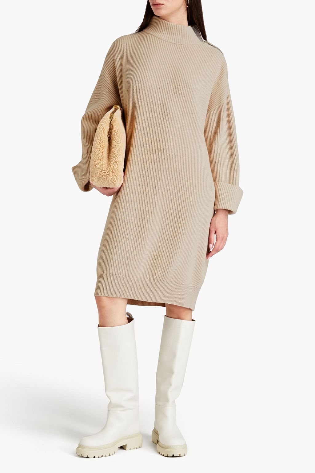 BRUNELLO CUCINELLI Kleid aus geripptem Kaschmir mit Zierperlen und Stehkragen