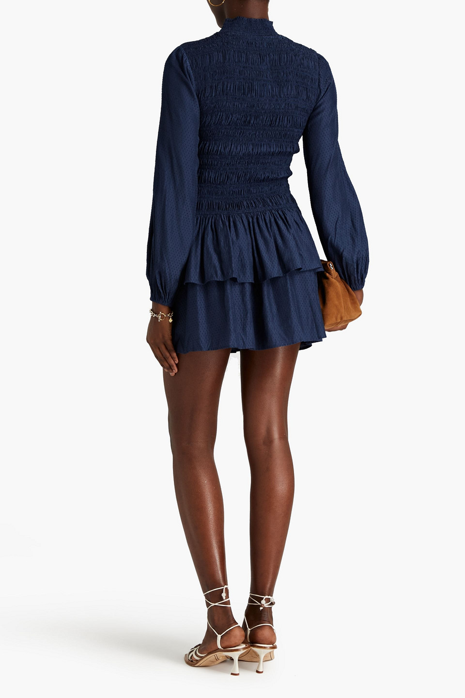 MAJE SHIRRED RUFFLED SWISS-DOT MINI DRESS