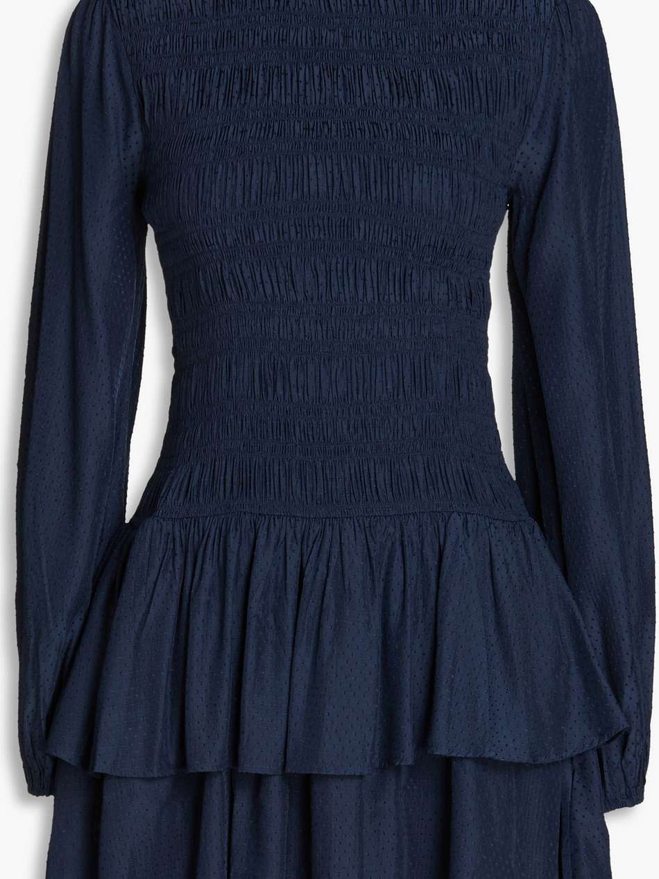 shirred ruffled swiss-dot mini dress