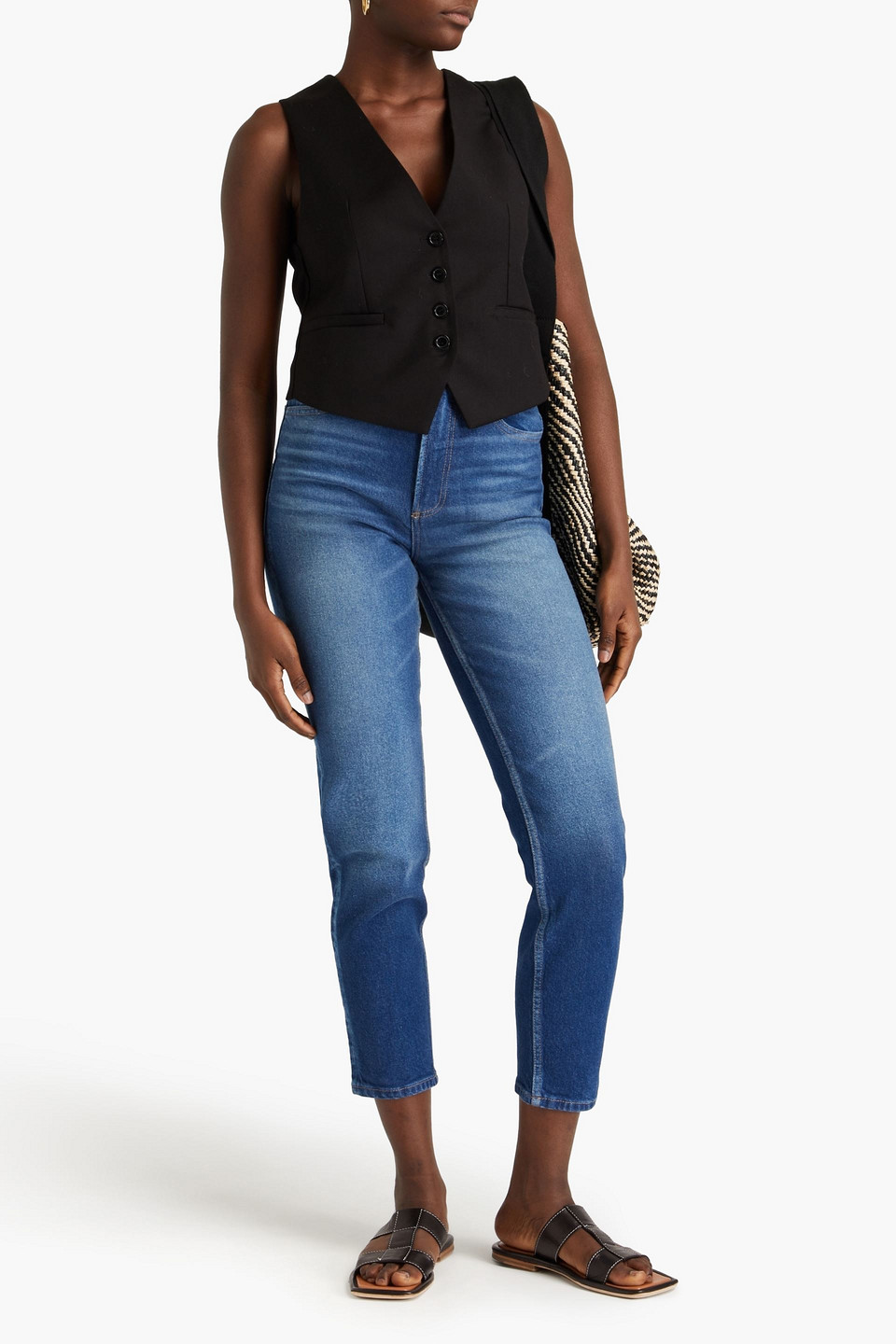 Frame Le High 'n' Tight Faded High-rise Tapered Jeans In Mid Denim