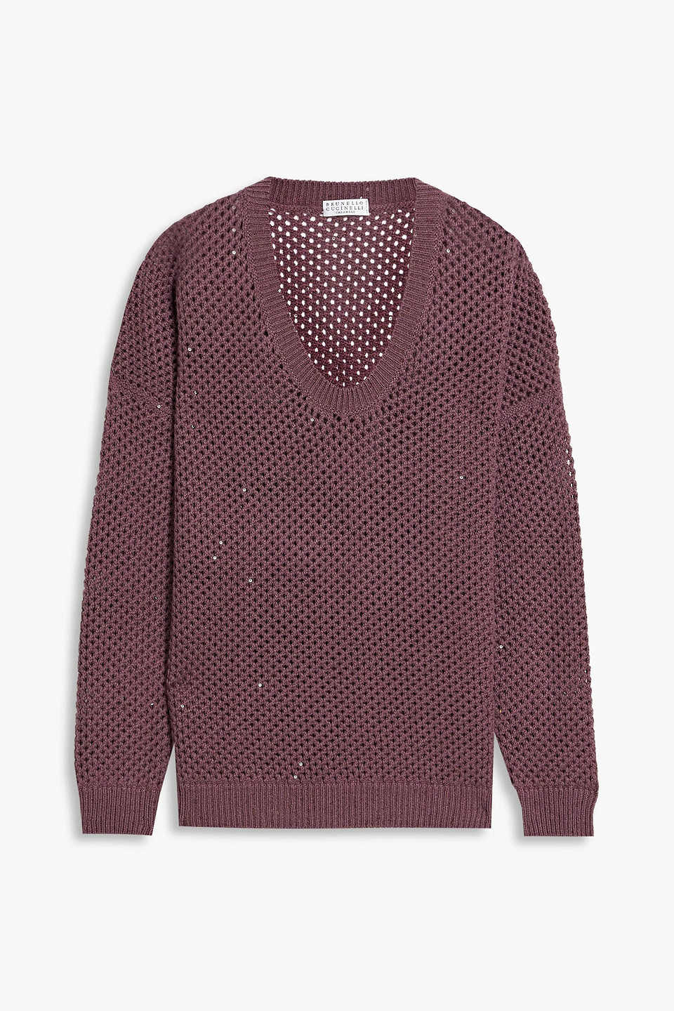 brunello cucinelli - sequin-embellished open-knit cashmere and silk-blend sweater - purple - s
