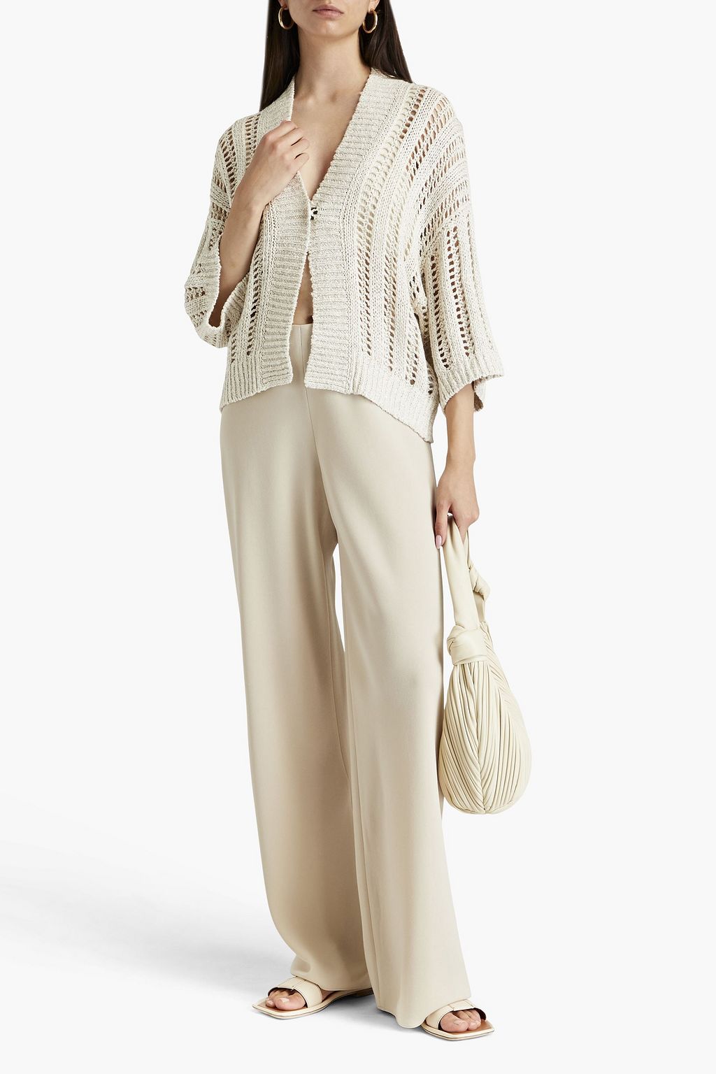 BRUNELLO CUCINELLI Embellished open-knit linen, cotton and silk-blend cardigan