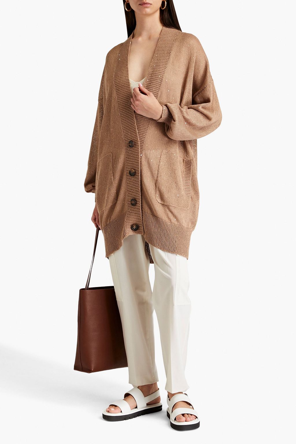 BRUNELLO CUCINELLI كارديغان مصنوع من الكتّان ومزيج الحرير ونسيج بحبكة مفتوحة بتصميم فضفاض
