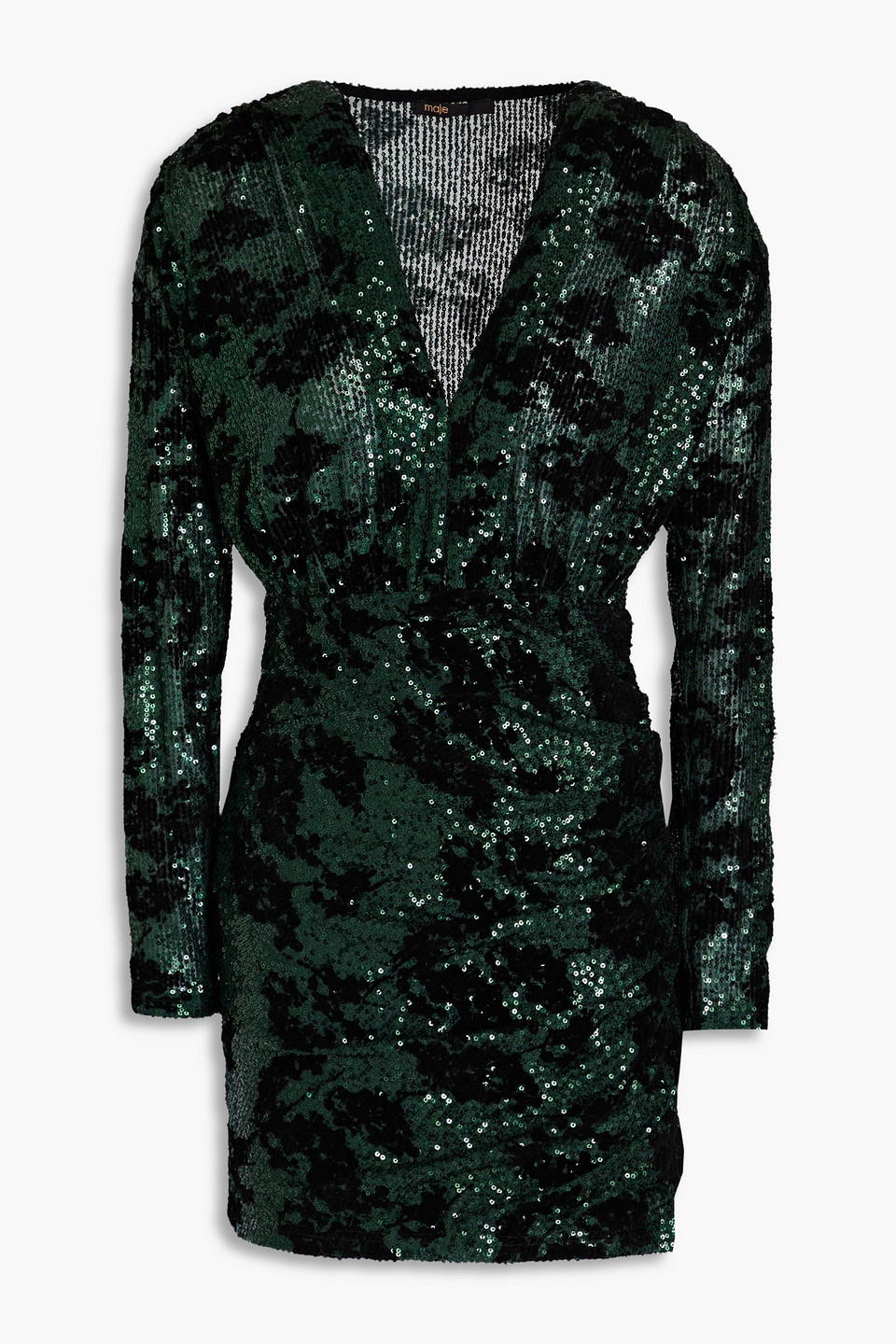 Maje Riletie Sequined Flocked Ruched Tulle Mini Dress In Forest Green
