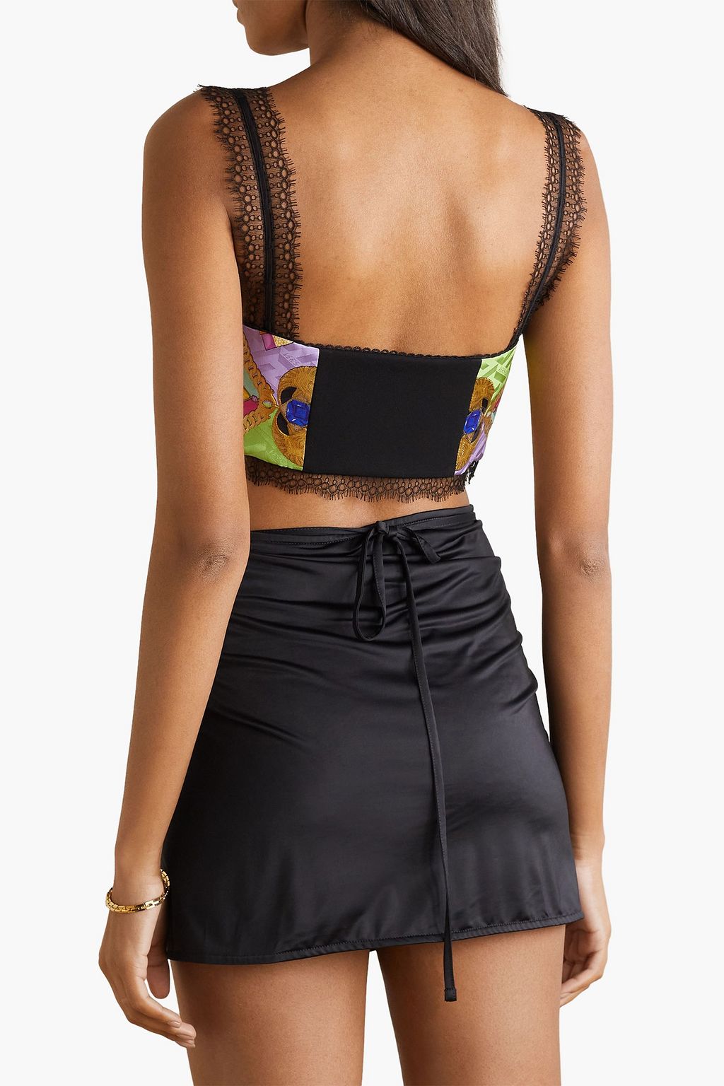 VERSACE Lace-trimmed metallic printed jacquard bra top