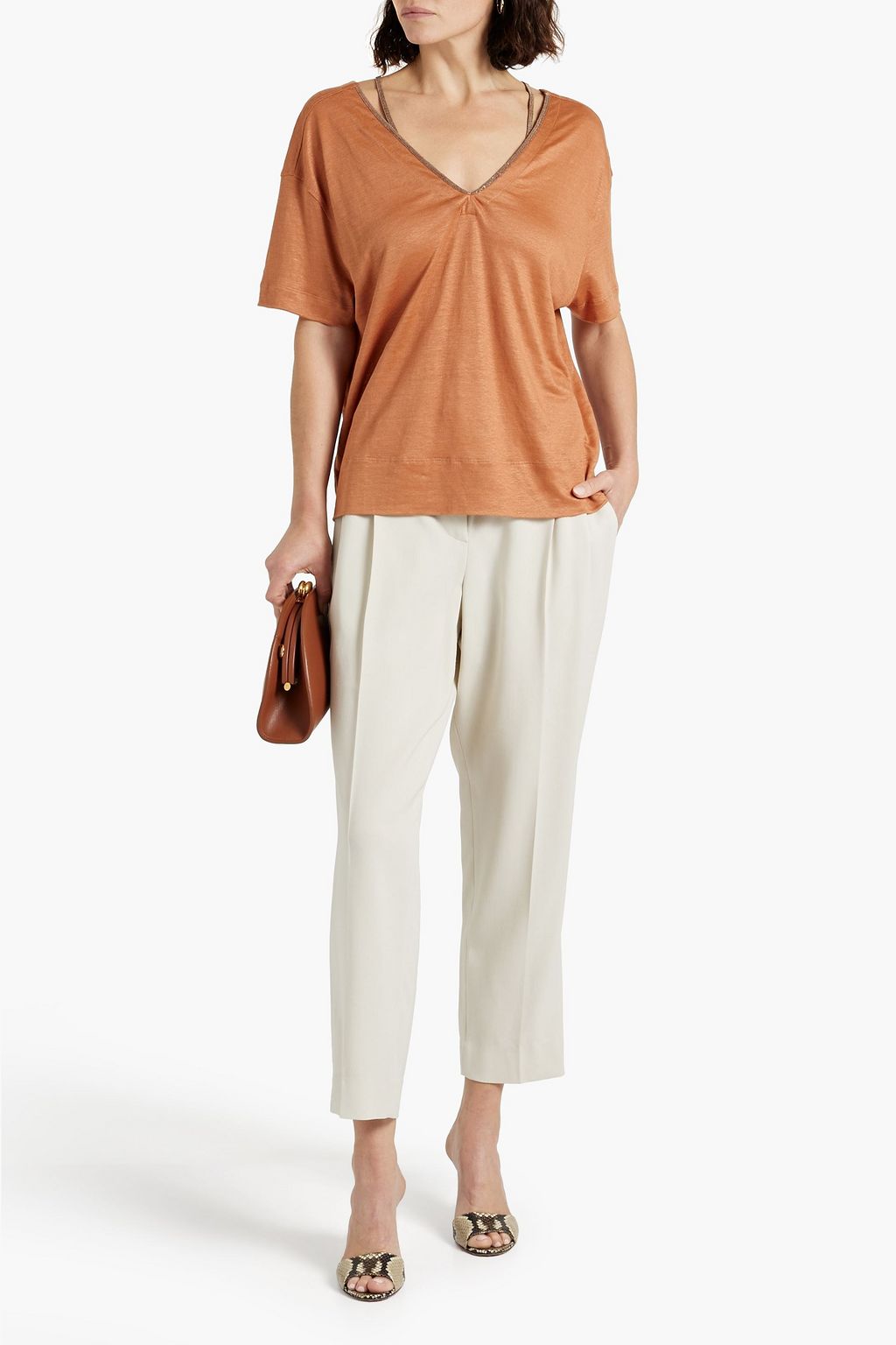 BRUNELLO CUCINELLI Bead-embellished linen-jersey top