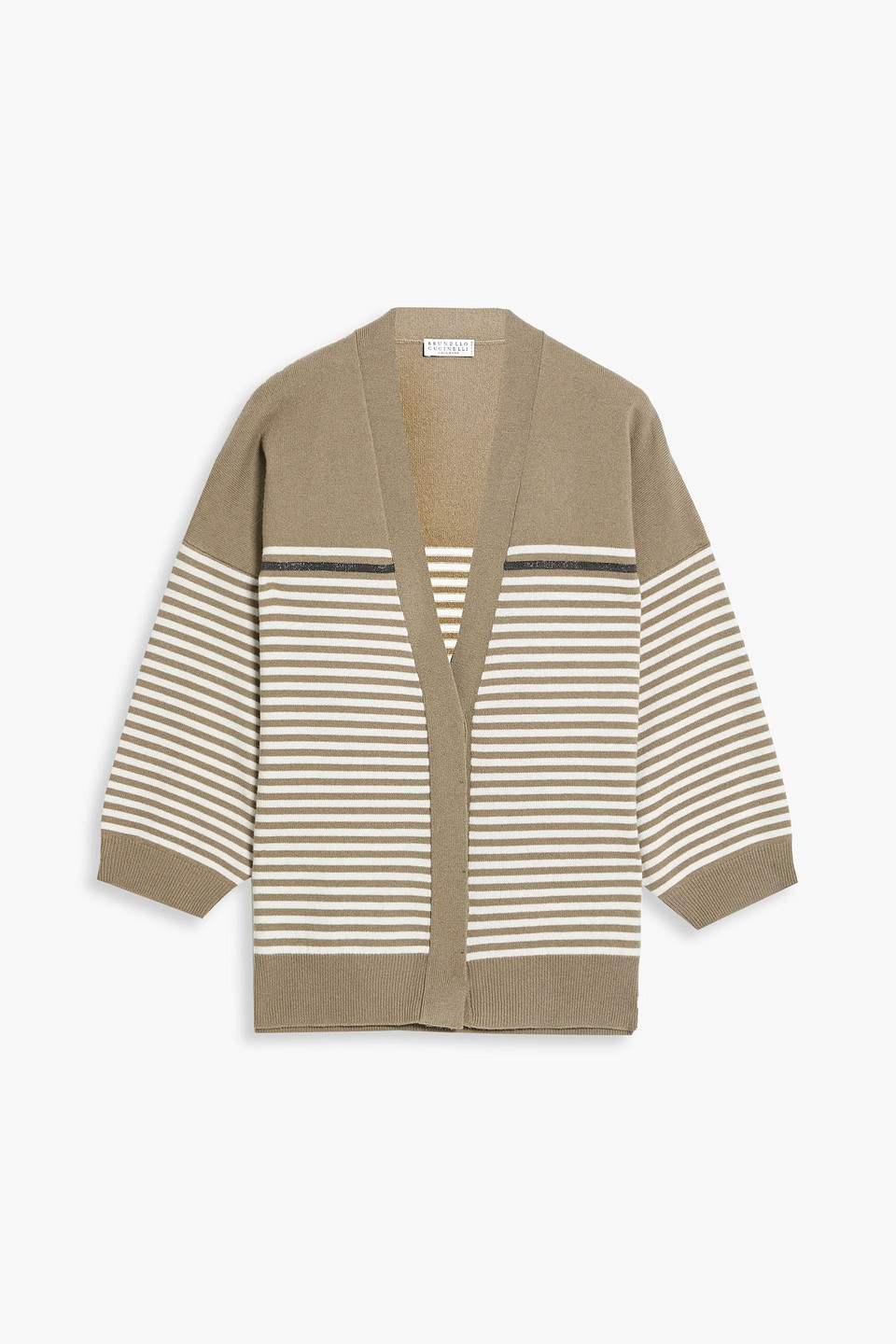 Brunello Cucinelli Bead-embellished Striped Wool, Cashmere And Silk-blend Cardigan In Sage Green