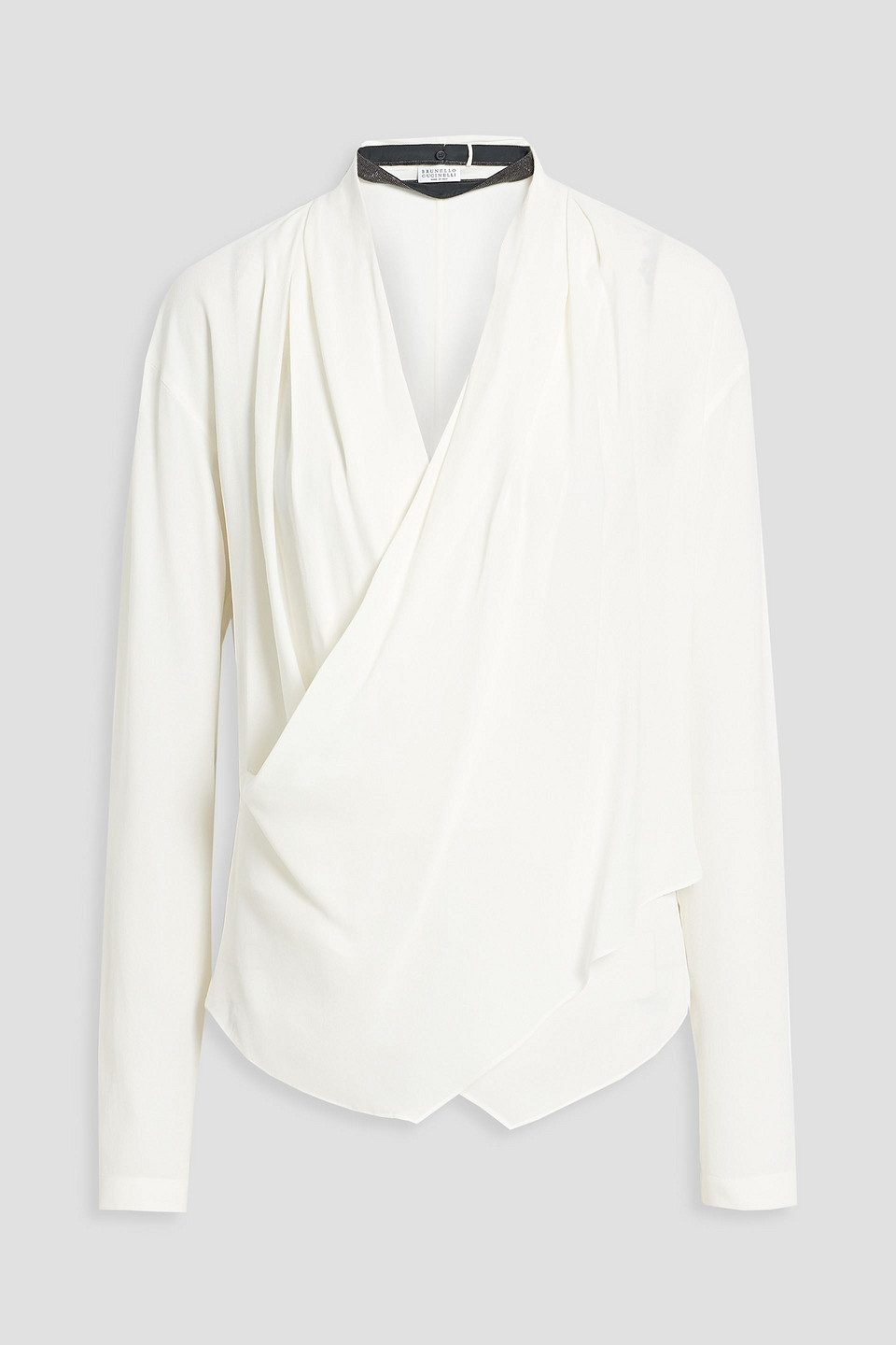 Brunello Cucinelli Bead-embellished Wrap-effect Silk-crepe Blouse In White