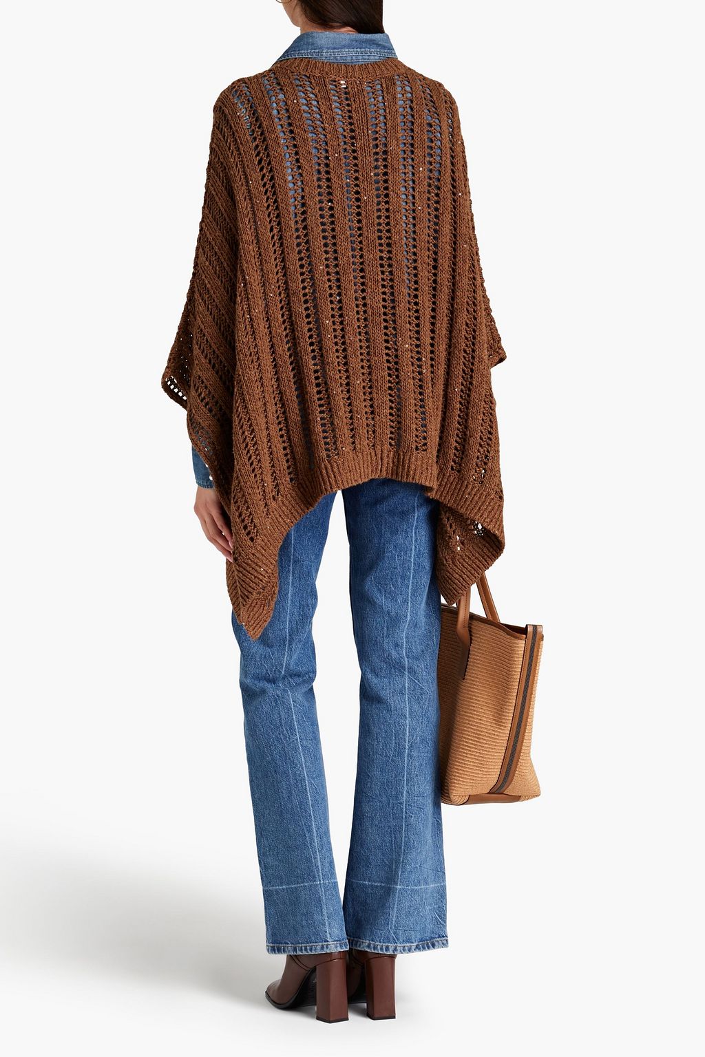 BRUNELLO CUCINELLI Bead-embellished open-knit cotton-blend poncho