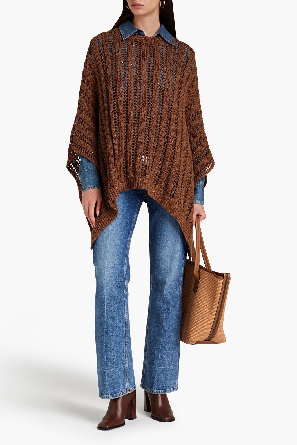 BRUNELLO CUCINELLI Bead-embellished open-knit cotton-blend poncho