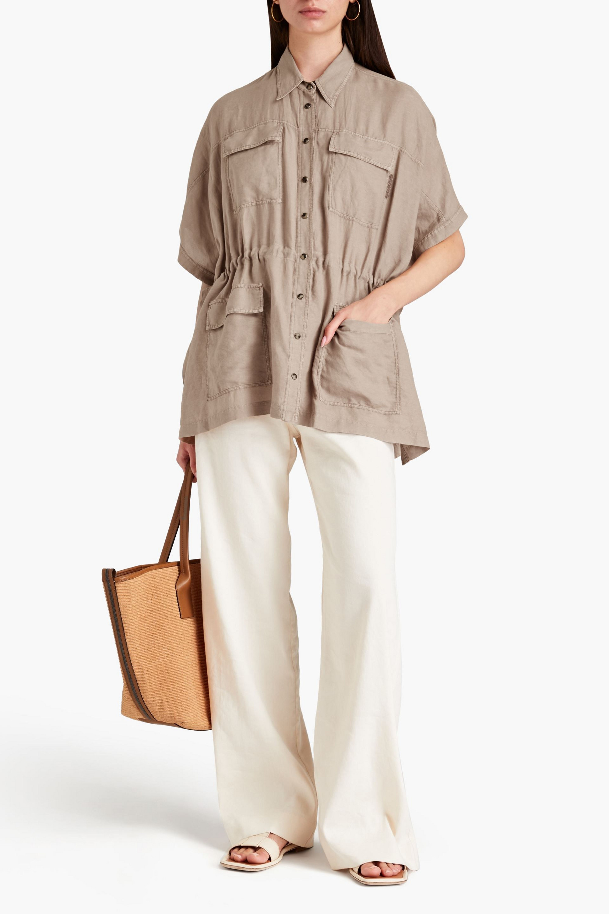 Brunello Cucinelli Bead-embellished gathered linen and cotton-blend shirt