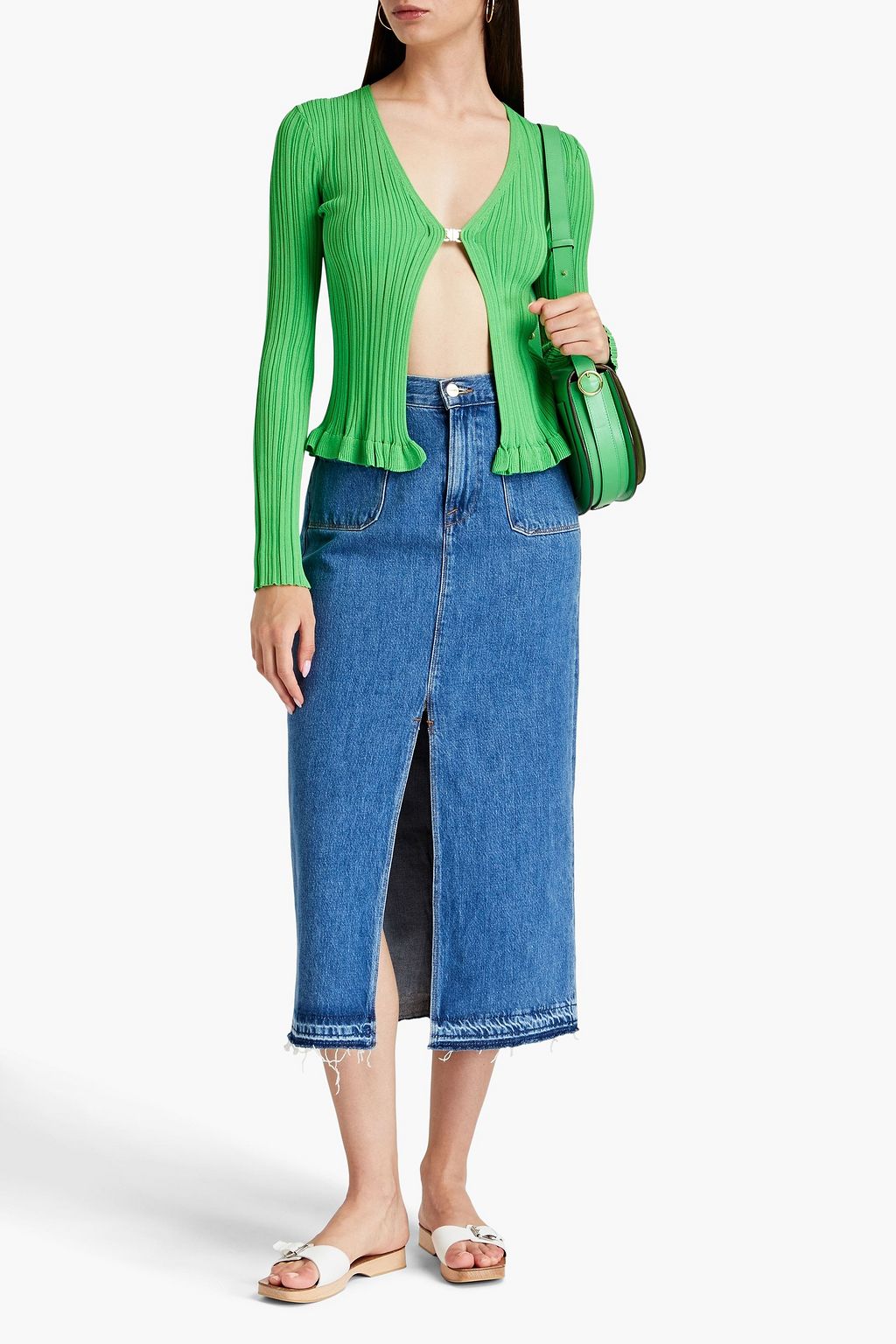 MAJE Ruffled ribbed-knit cardigan