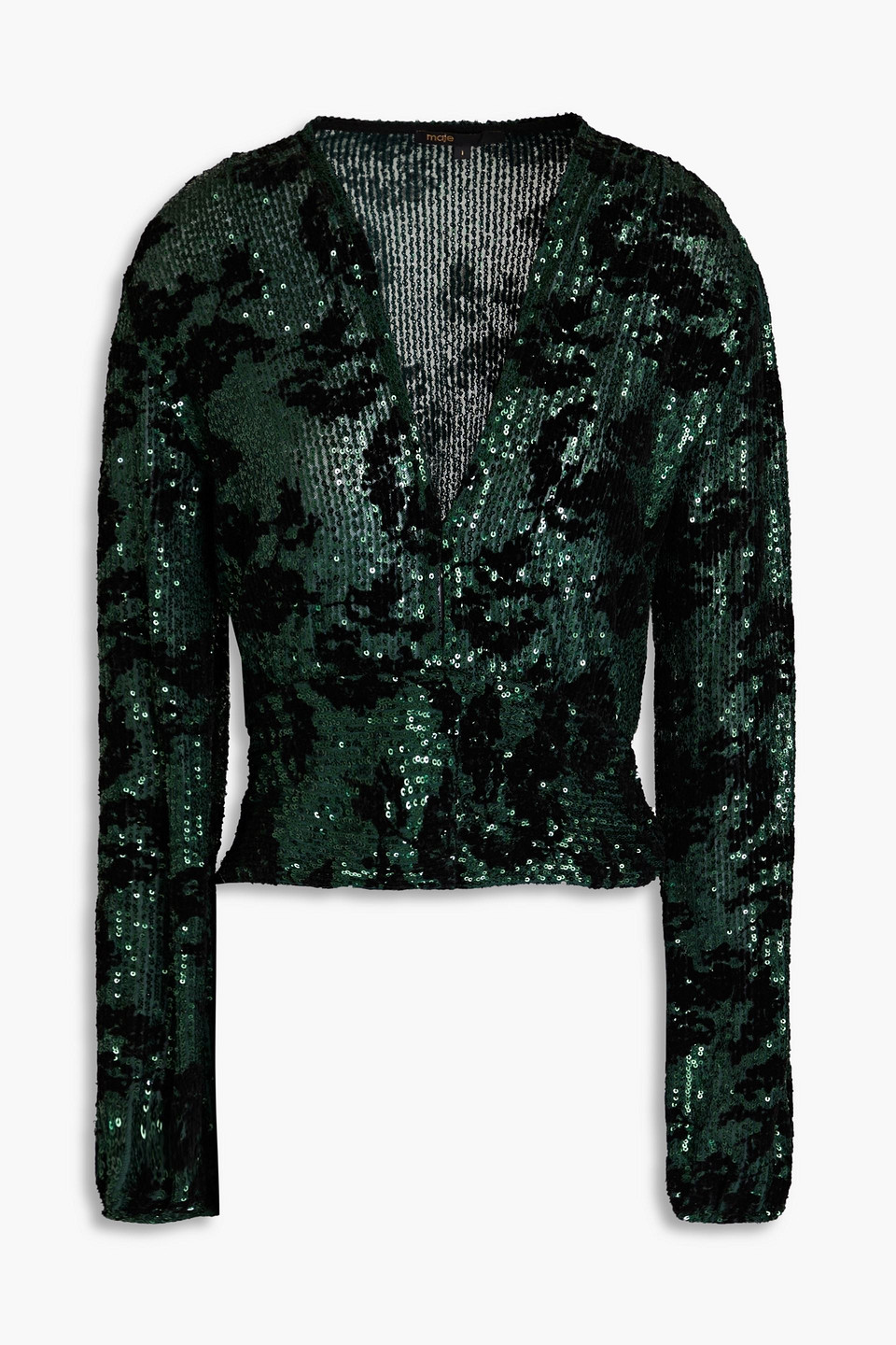 Maje Liletie Sequin-embellished Flocked Mesh Top In Forest Green
