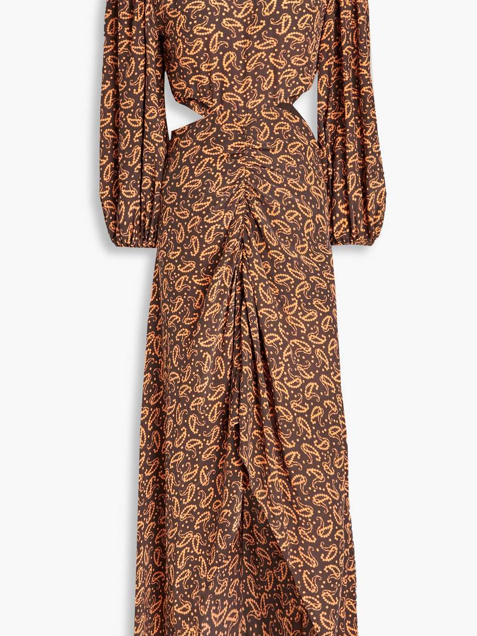 cutout ruched paisley-print crepe maxi dress