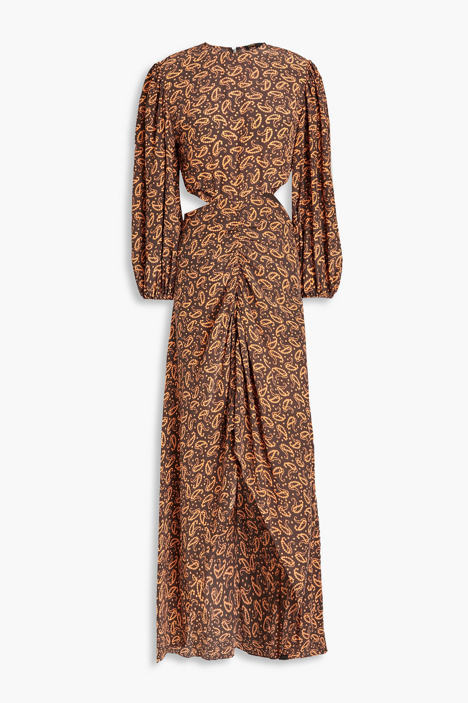 Maje Ricateli Cutout Ruched Paisley-print Crepe Dress In Brown