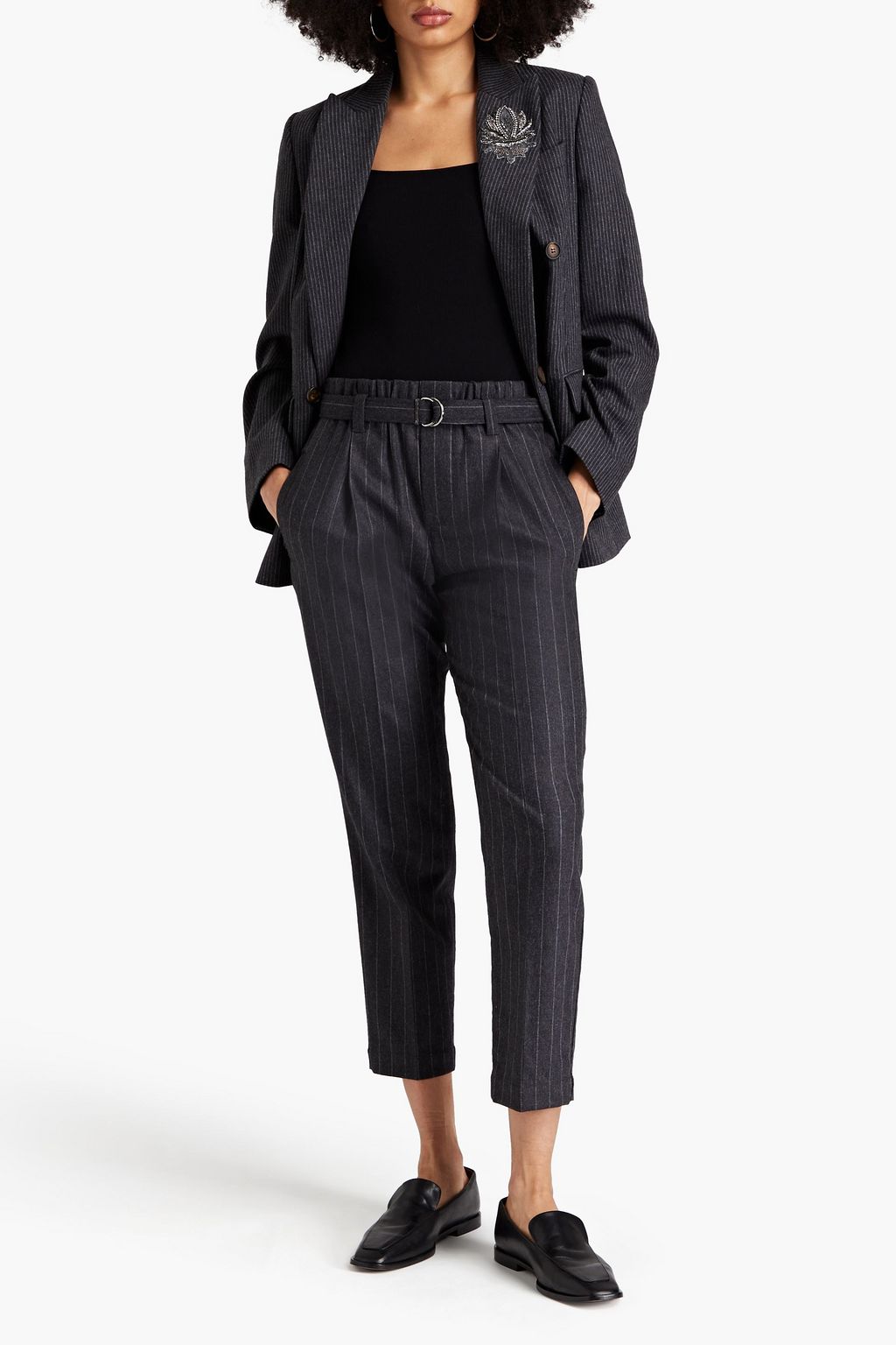BRUNELLO CUCINELLI Bead-embellished pinstriped wool-blend tapered pants