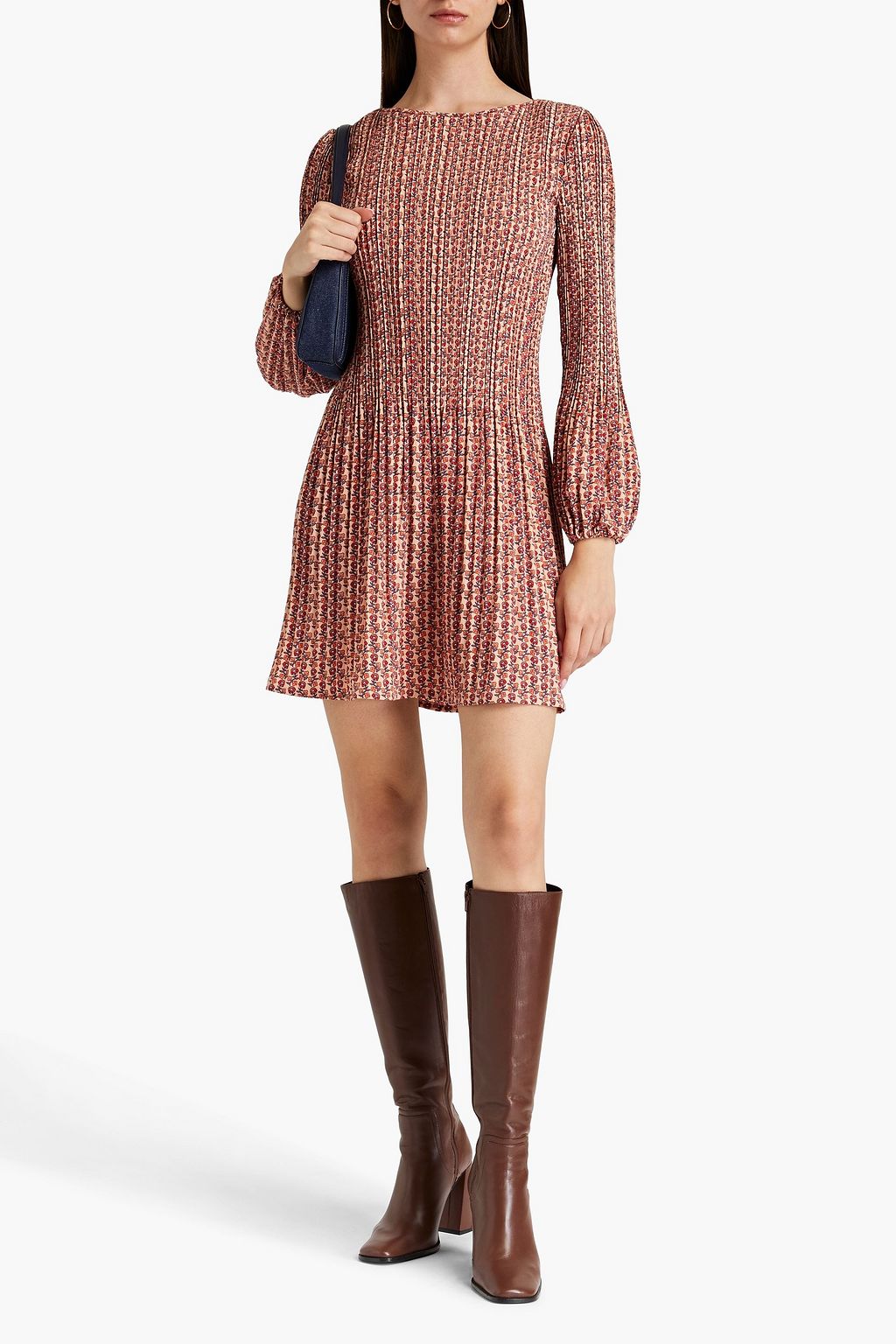 MAJE Pleated floral-print crepe de chine mini dress