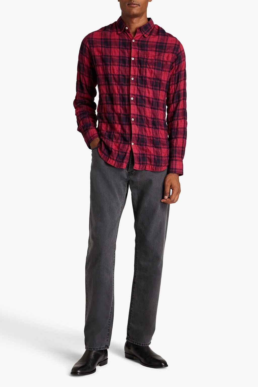 OFFICINE GÉNÉRALE Checked crinkled cotton-blend shirt