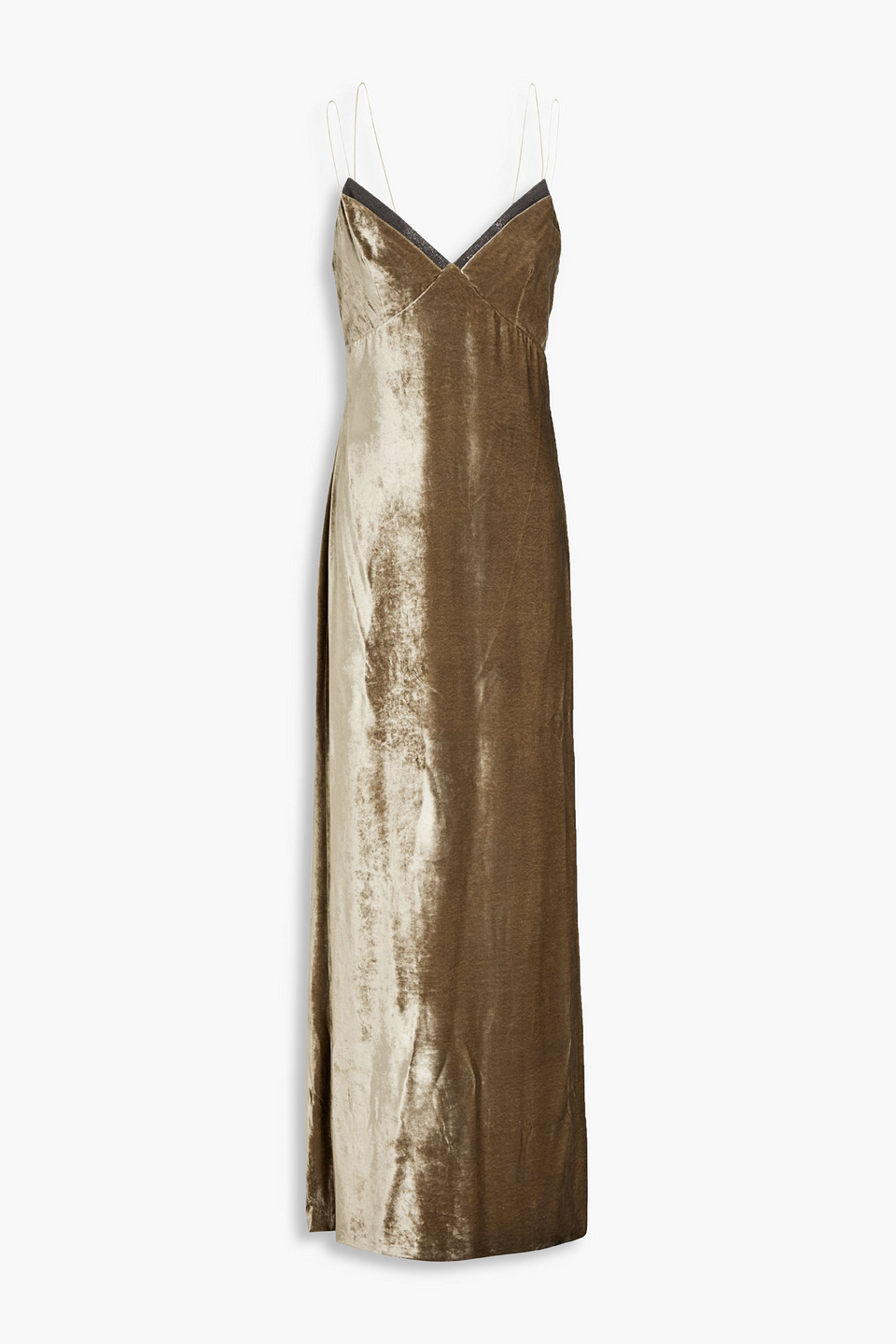 brunello cucinelli - bead-embellished velvet maxi dress - green - xxs